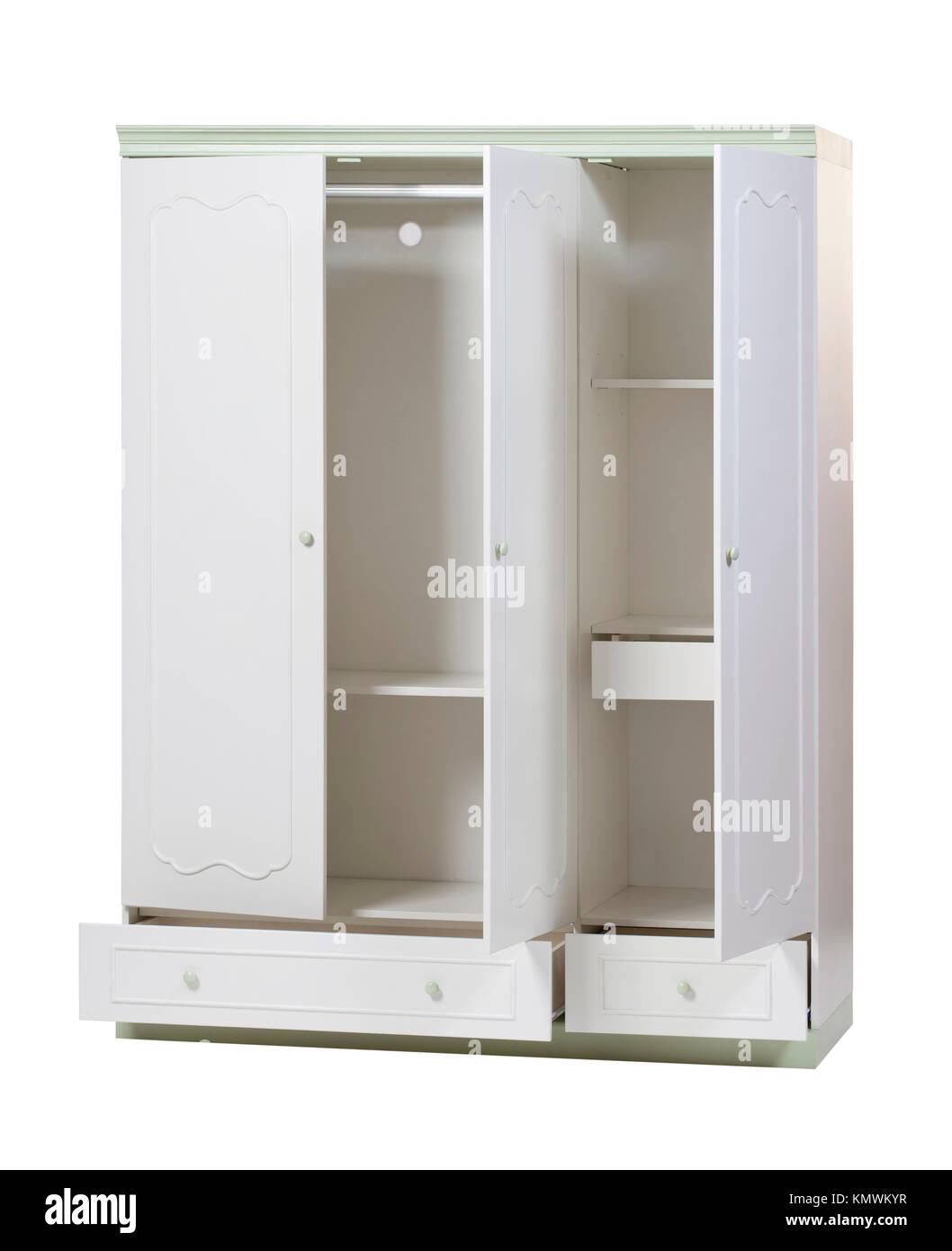 Three-section wardrobe with open doors isolated over white background. With clipping path. Stock Photo