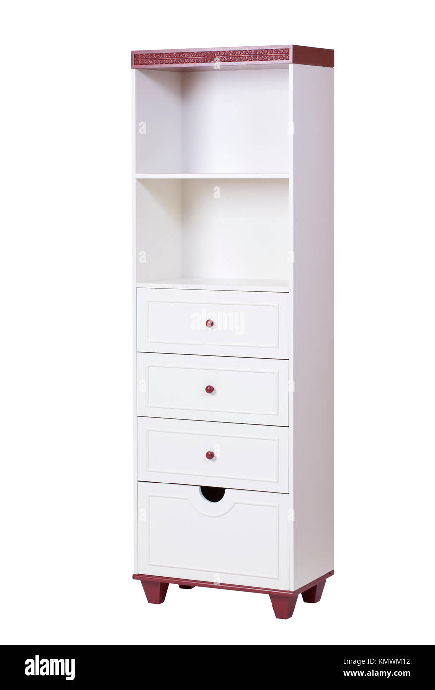 Wooden chest of drawers with shelves isolated over white background