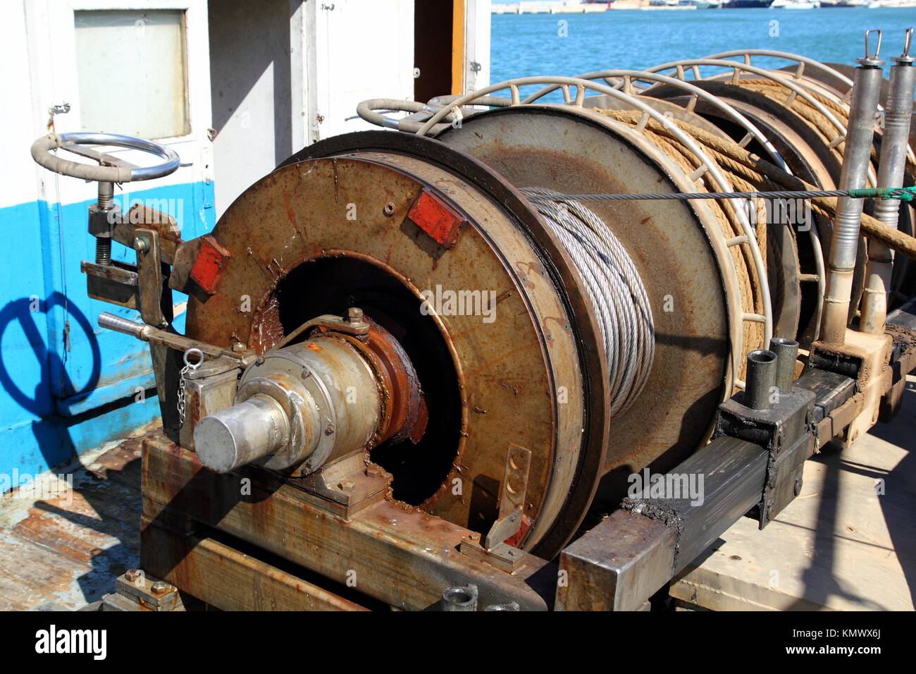 capstan winch of trawler fishing boat power engine to pull the net
