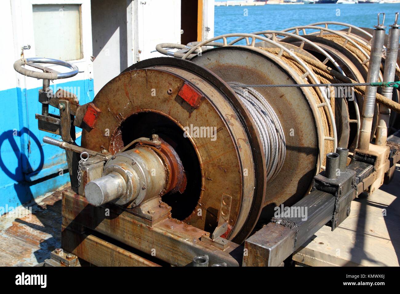 capstan winch of trawler fishing boat power engine to pull the net steel  cable Stock Photo - Alamy