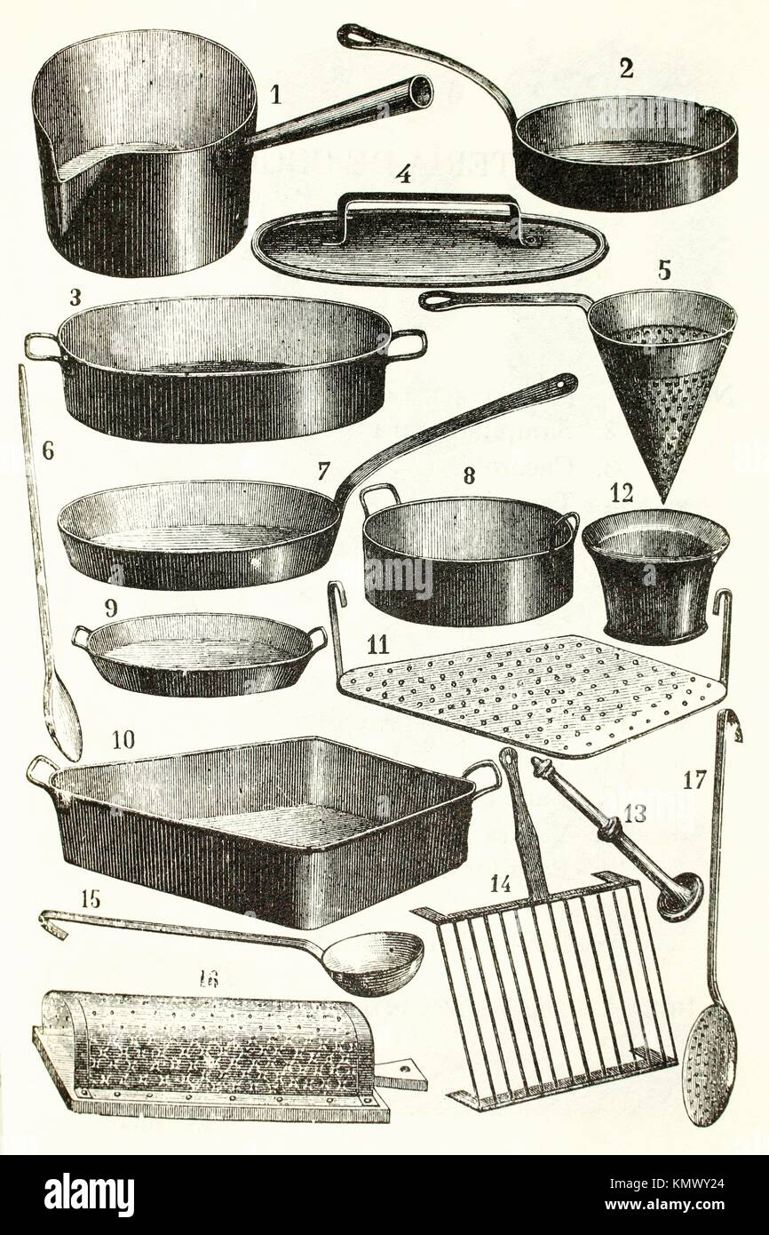 A set of copper kitchen equipment Antique illustration 1892 Stock Photo