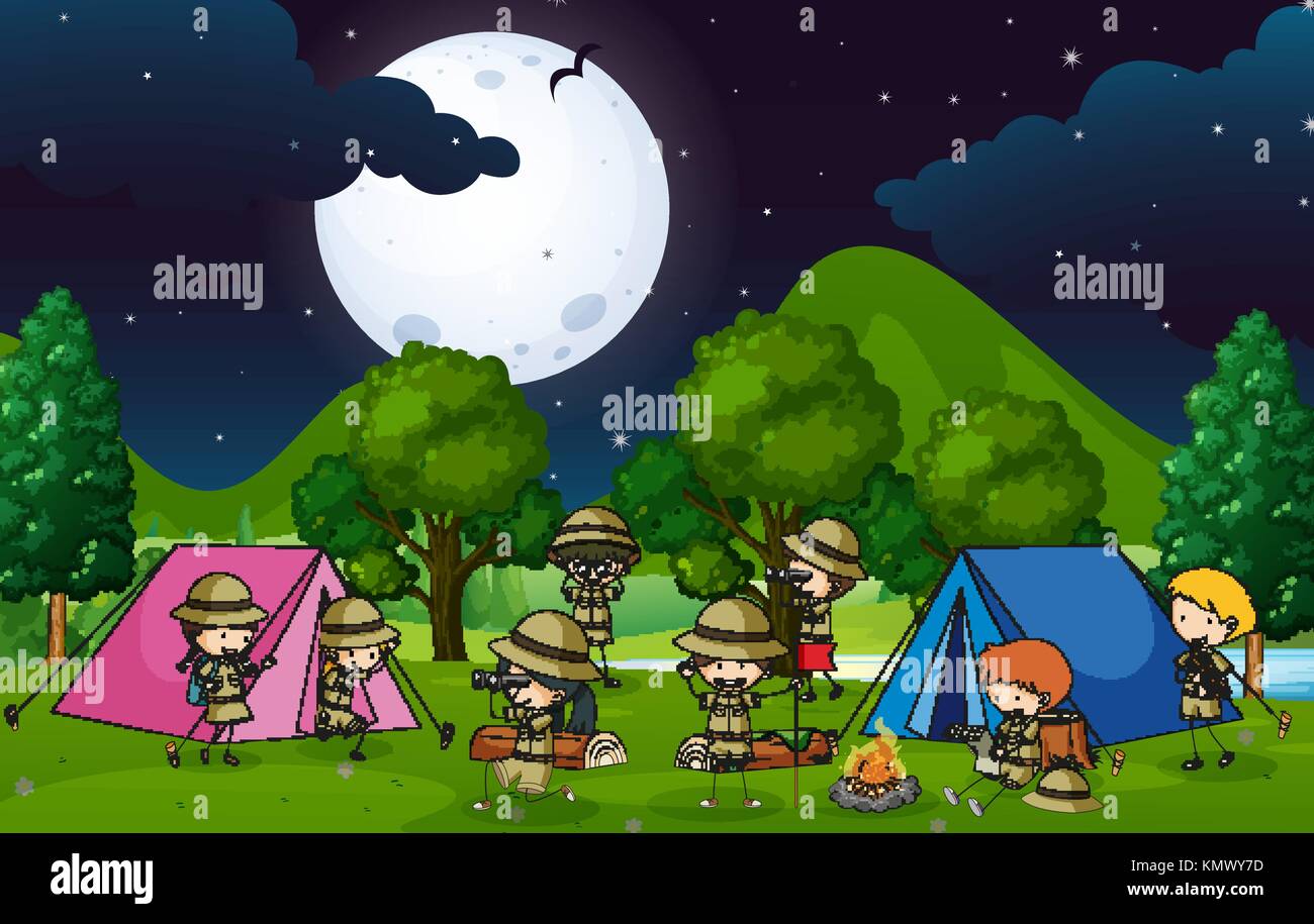 Many kids camping out in the woods at night illustration Stock Vector ...