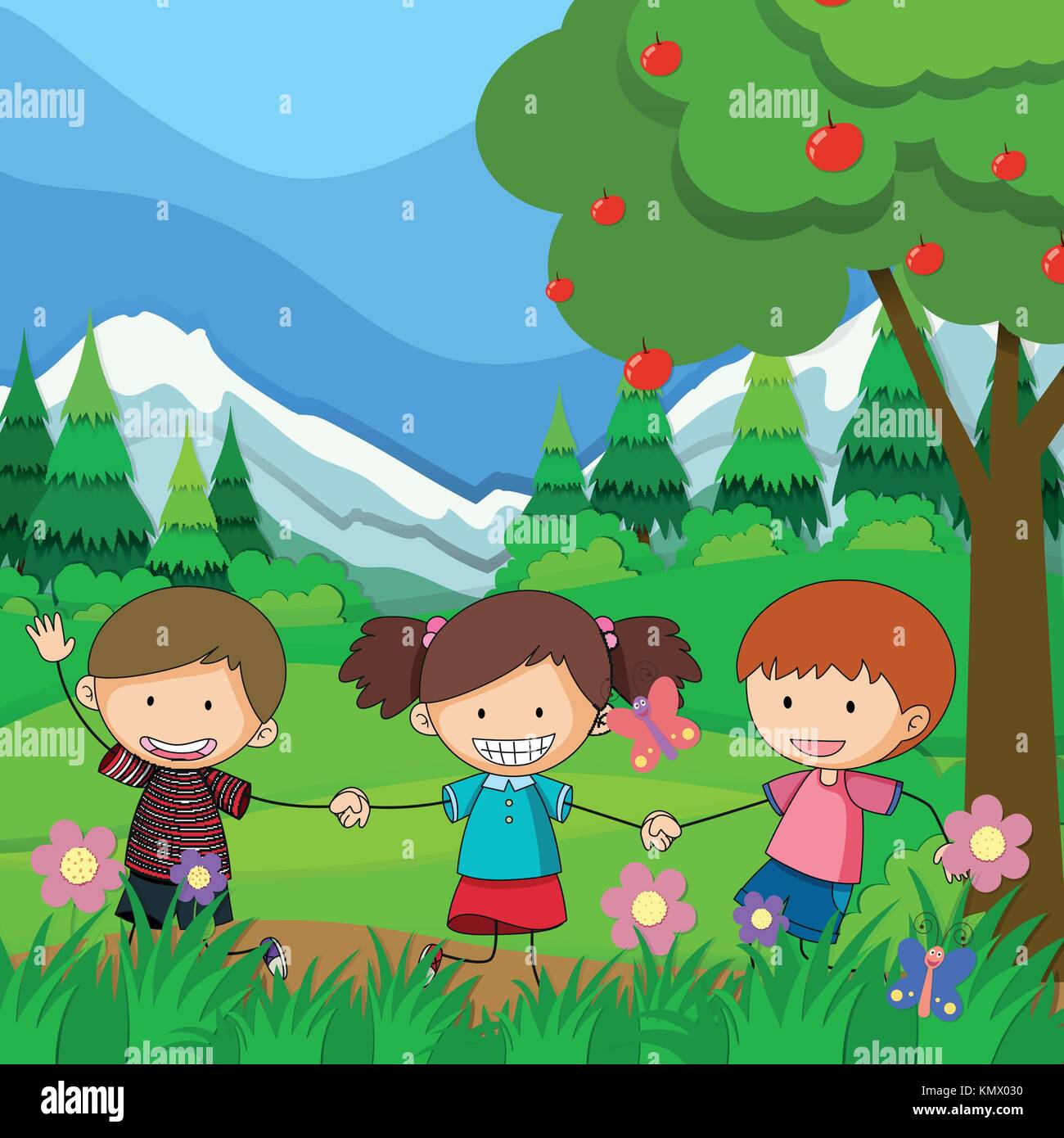 Three children playing in the park illustration Stock Vector Image ...