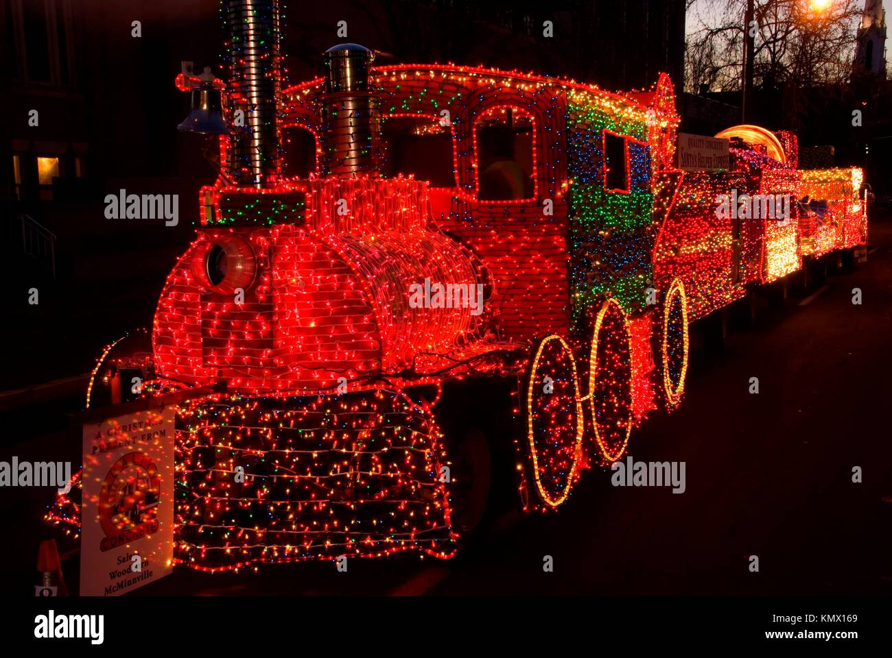 Train in lights, Festival of Lights Holiday Parade, Salem, OR Stock Photo
