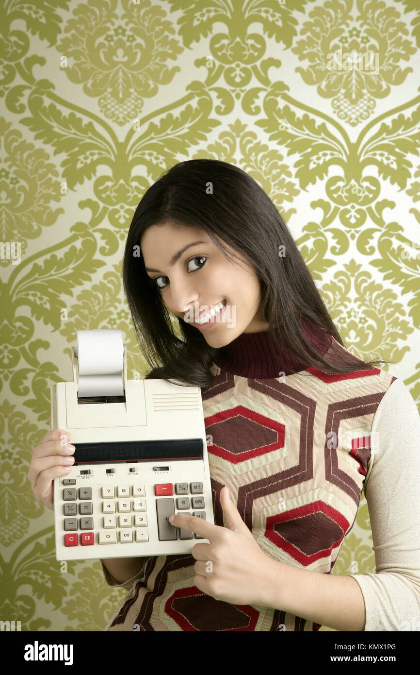 retro accountant woman calculator vintage green sixties wallpaper Stock