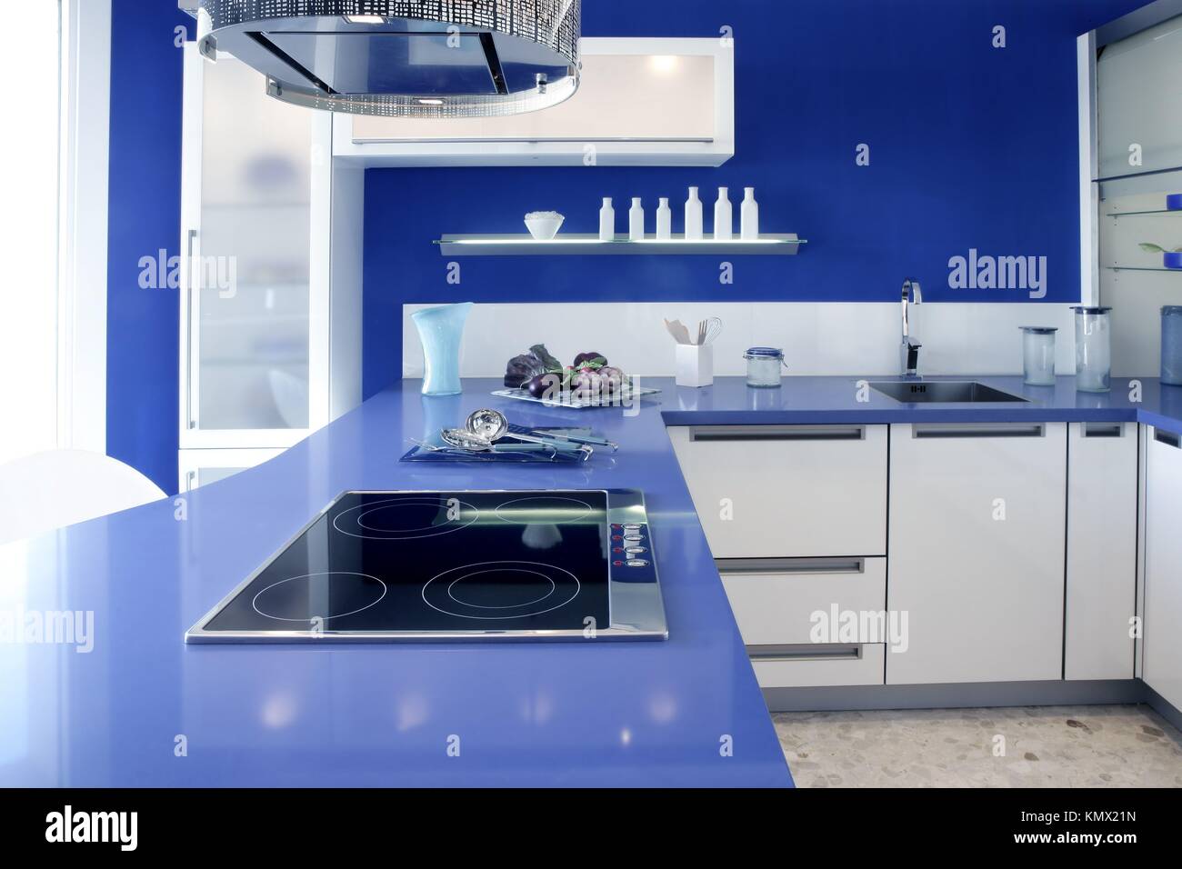 Blue white kitchen modern interior design house architecture Stock ...