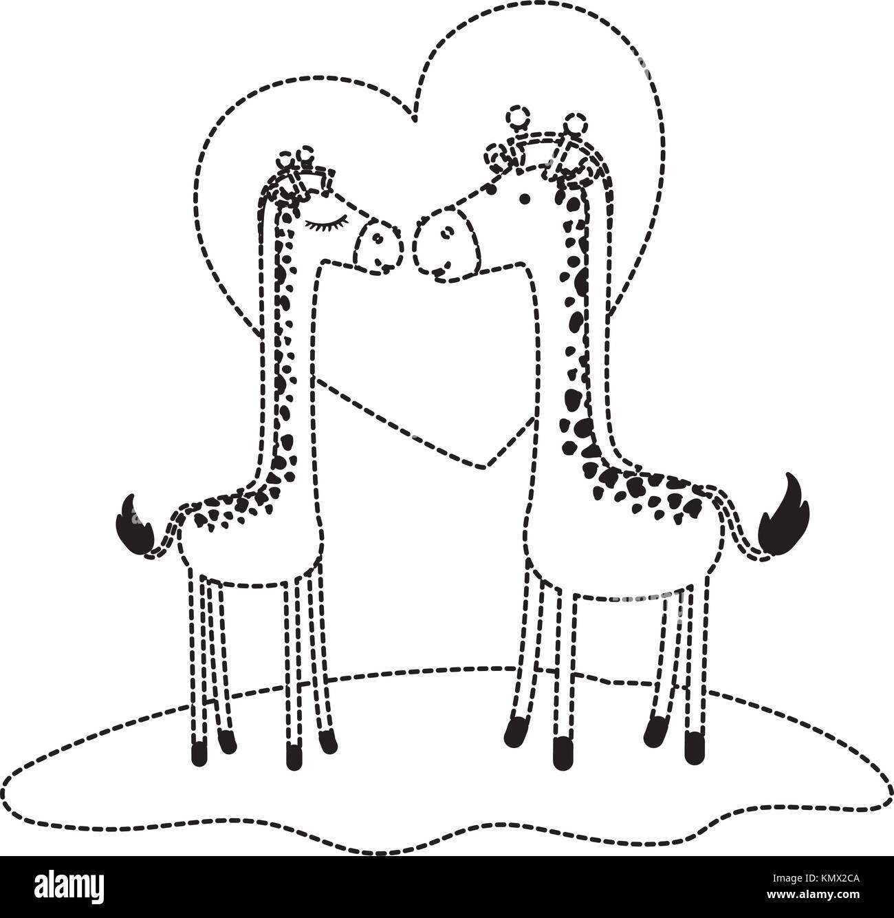 giraffes couple over grass in black dotted contour with heart in background Stock Vector
