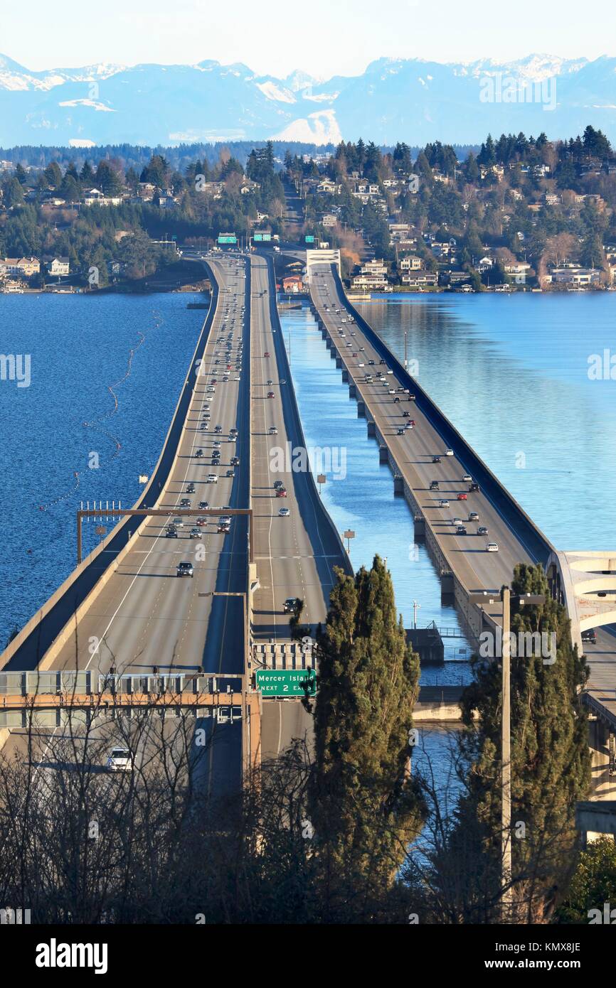 I90 Bridge Seattle Mercer Island Highway Cars Snowy Cascade Mountains Bellevue Washington State