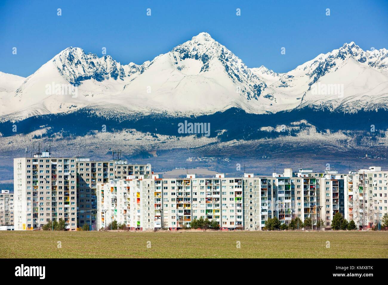 Poprad with Vysoke Tatry High Tatras at background, Slovakia Stock Photo