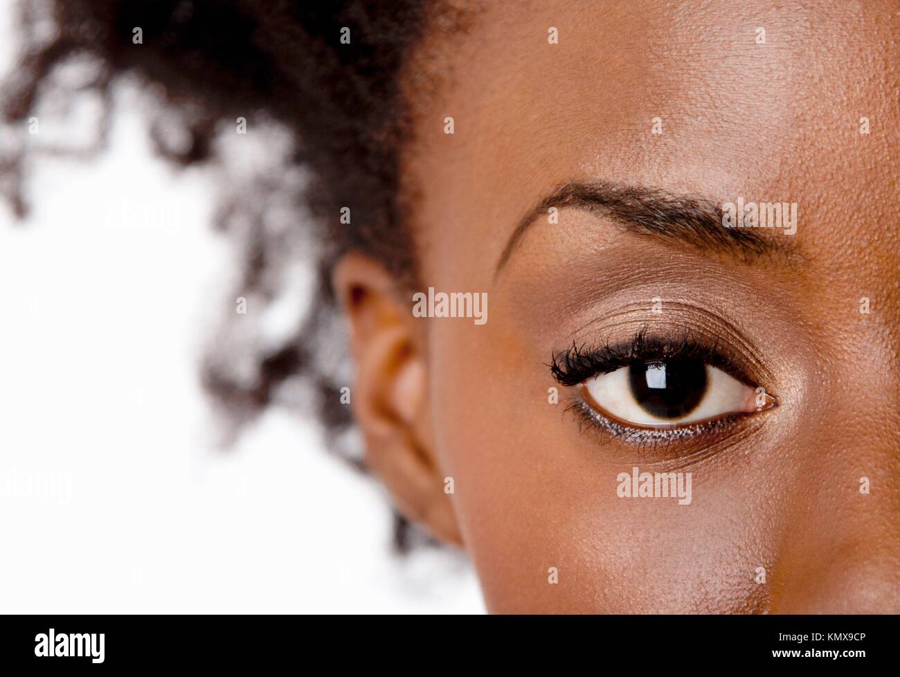 Fashion beautiful African American female brown watchful eye with black eyelashes mascara, isolated Stock Photo