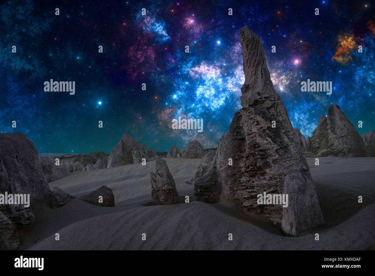 Night on the alien planet, scifi illustration Stock Photo