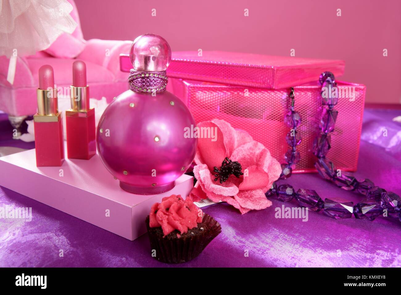 barbie style fashion makeup vanity dressing table pink and purple still  photo Stock Photo - Alamy