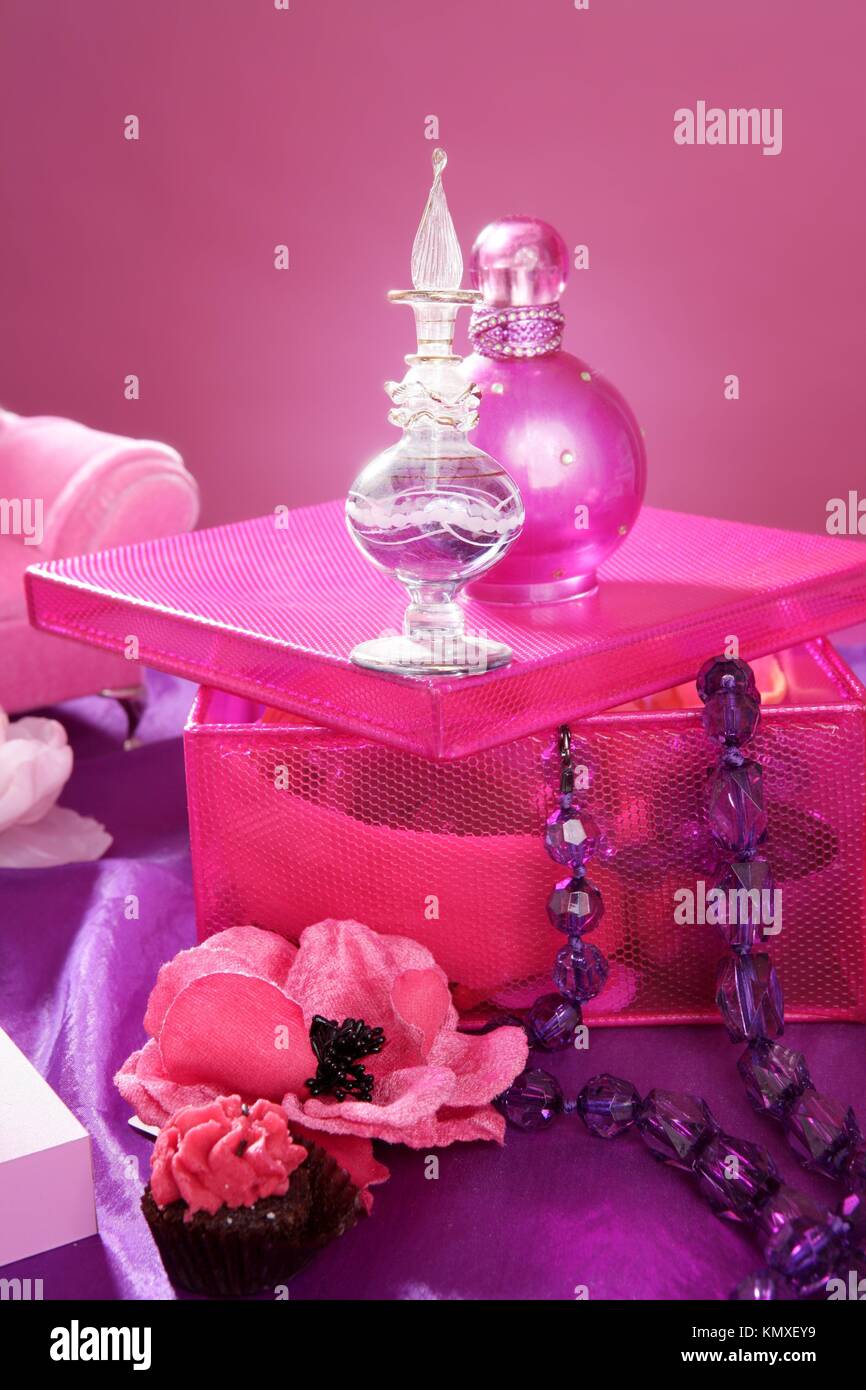 barbie style fashion makeup vanity dressing table pink and purple still  photo Stock Photo - Alamy