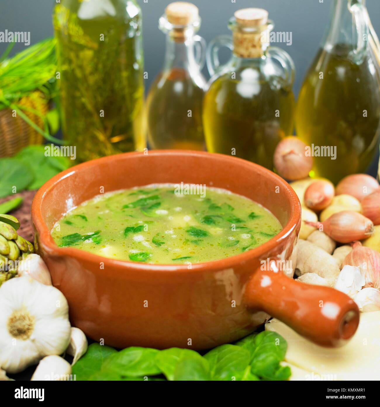 soup bouillon with spinach Stock Photo Alamy