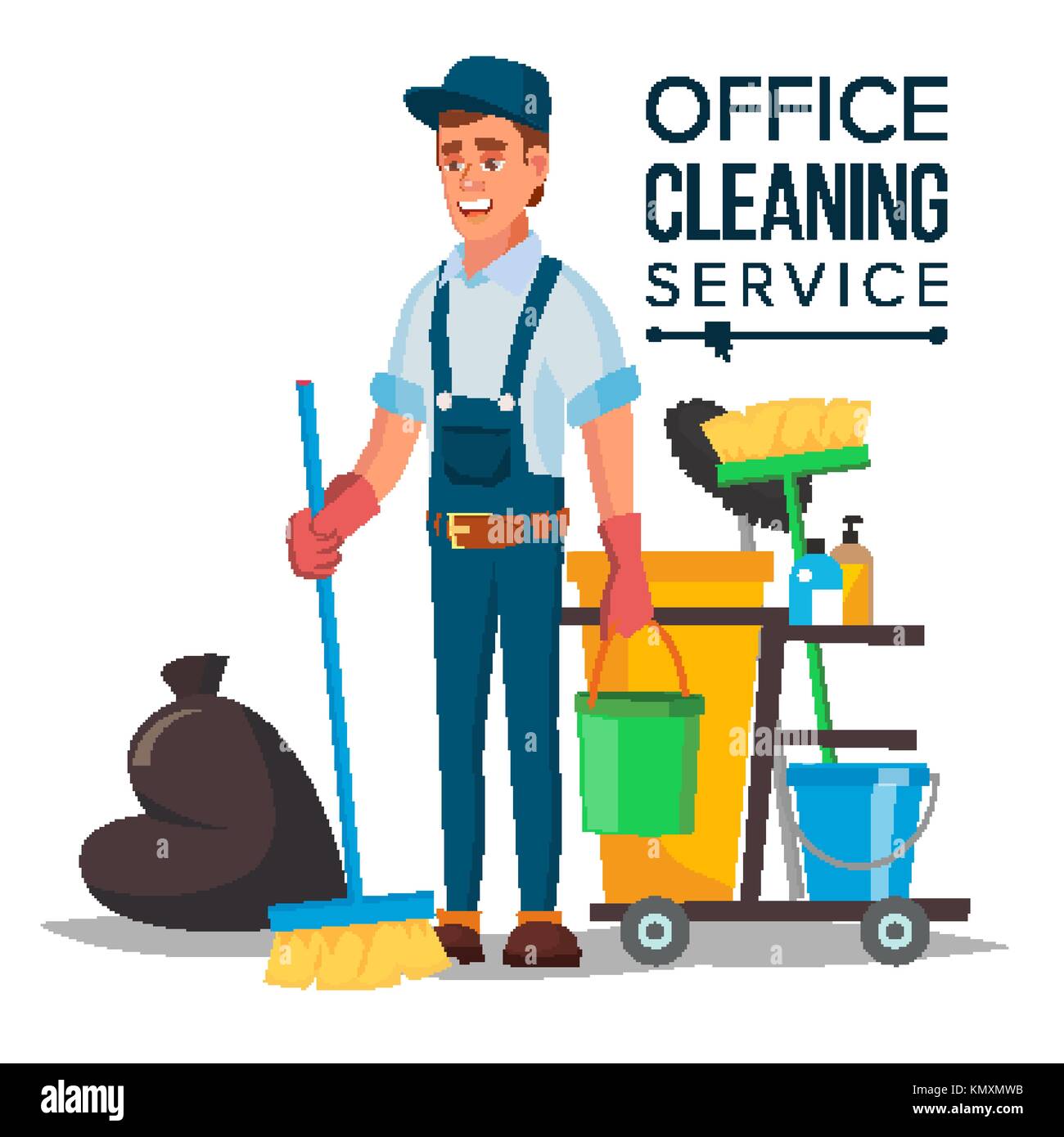 Office Cleaner Vector. Cleaner And Cleaning Equipment. Sweeper The