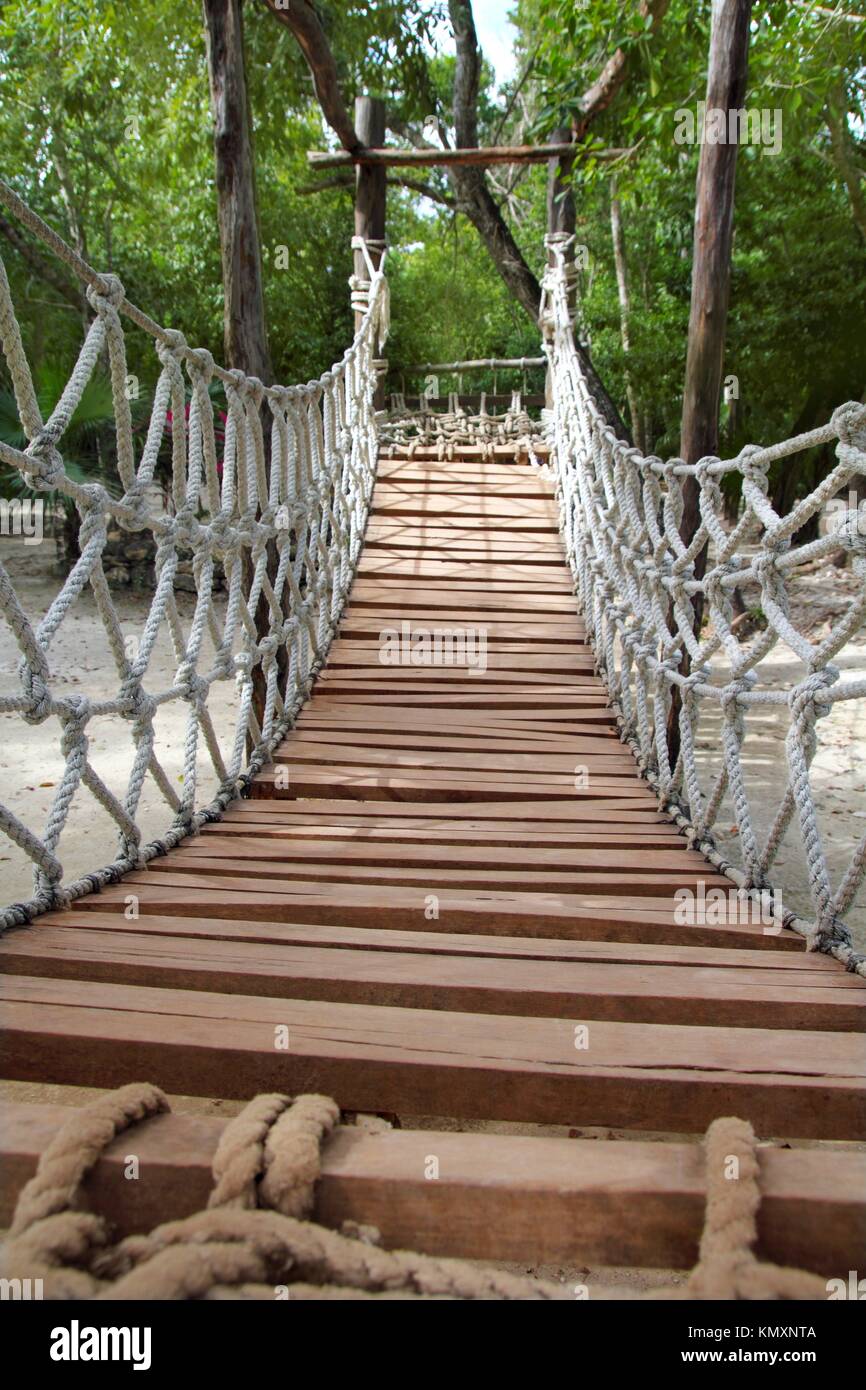 Adventure wooden rope suspension bridge in jungle rainforest Stock Photo -  Alamy