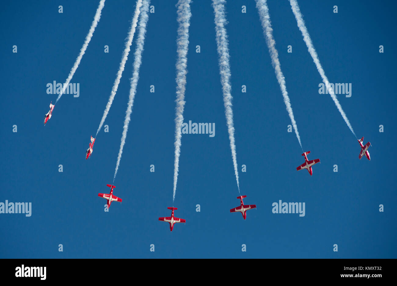 Royal Canadian Snowbirds performing a 'downward bomb burst' at the Gowen Thunder 2017 Airshow at Gowen Field in Boise Idaho on October 14 2017 Stock Photo