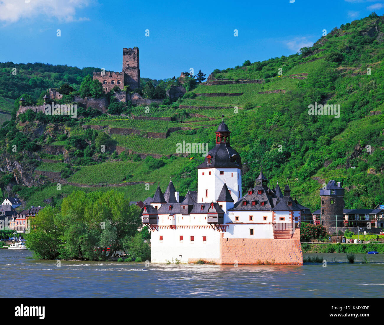 Pfalz Castle and River Rhine at St. Goarshausen, Rhineland- Palatinate, Germany Stock Photo
