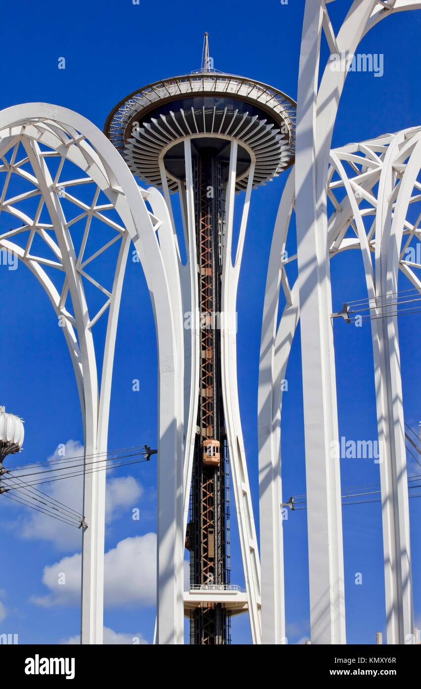 Space Needle Steel Arches Clouds Pacific Science Center Seattle