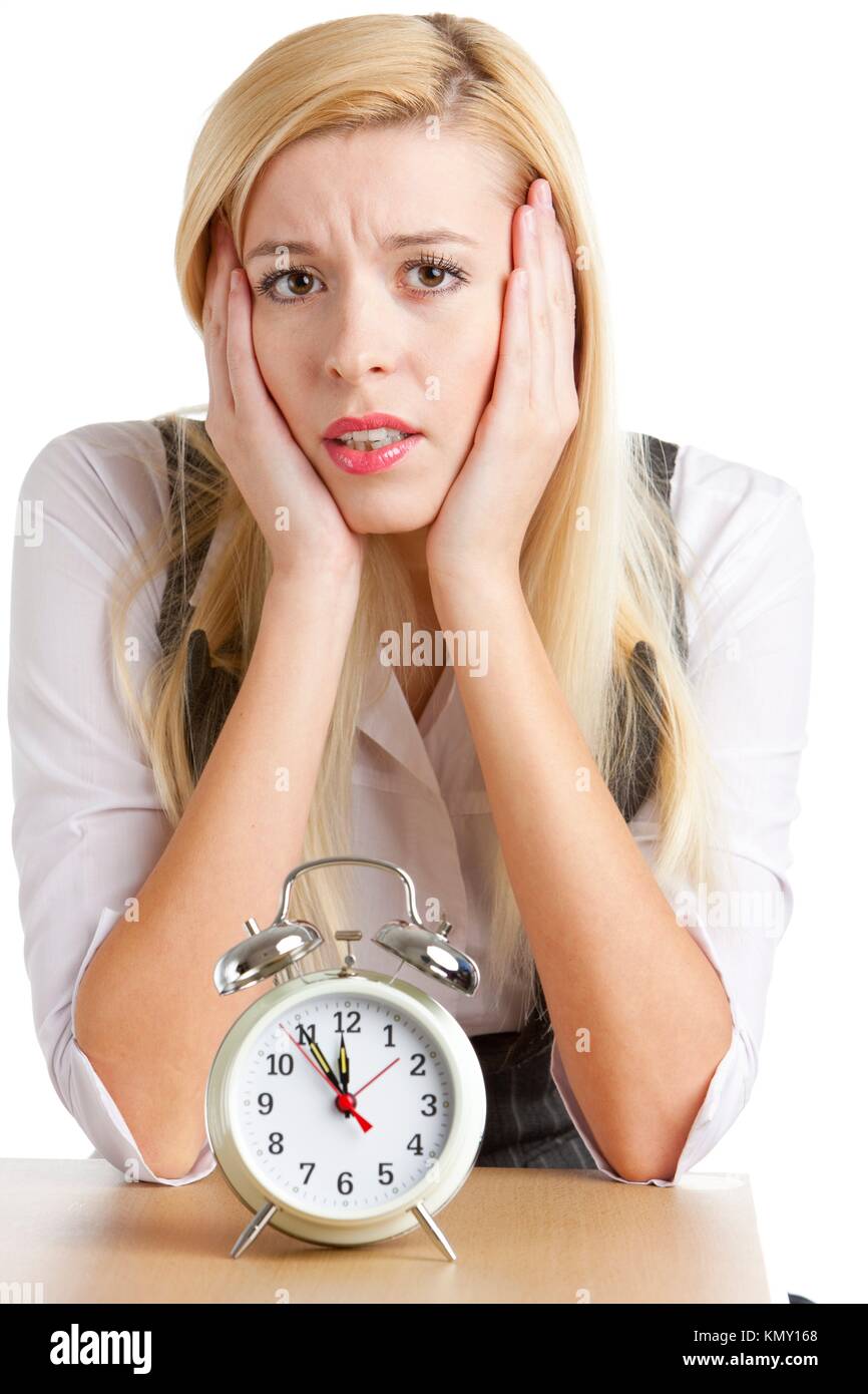 portrait of businesswoman with an alarm clock Stock Photo Alamy