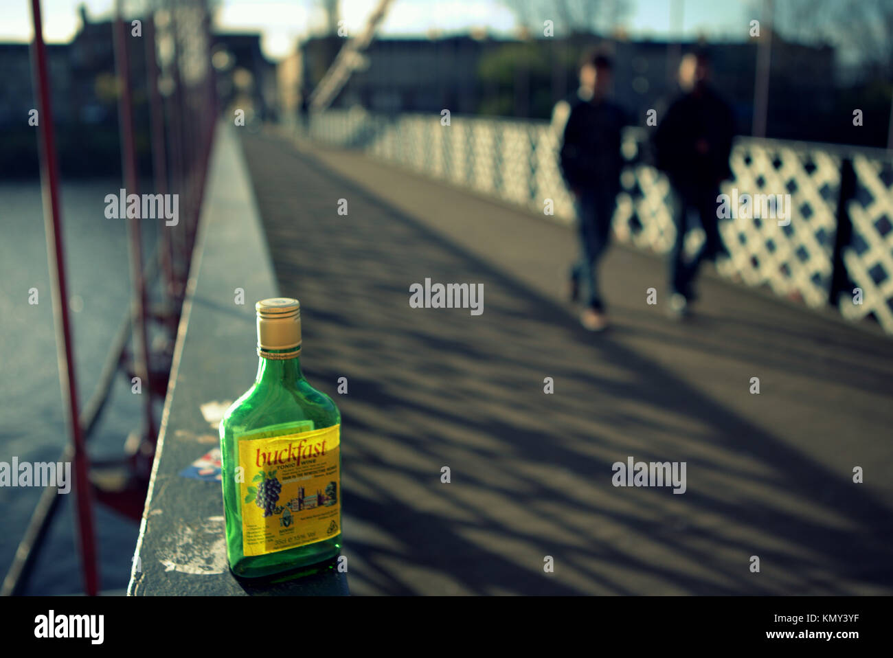 buckfast tonic wine bottle South Portland Street Suspension Bridge  glasgow scotland Stock Photo