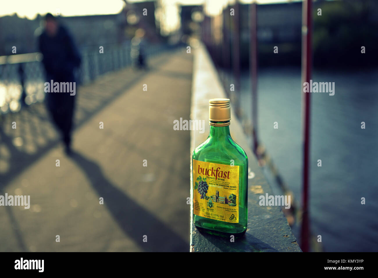 buckfast tonic wine bottle South Portland Street Suspension Bridge  glasgow scotland Stock Photo