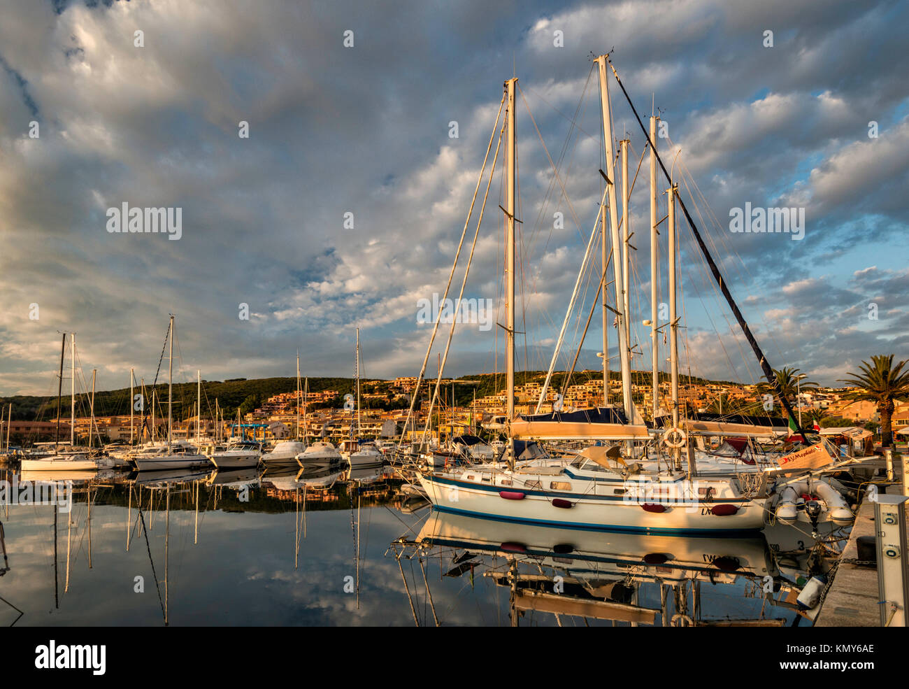 Boats and yachts at sunrise at marina in Palau, Sassari province, Sardinia, Italy Stock Photo