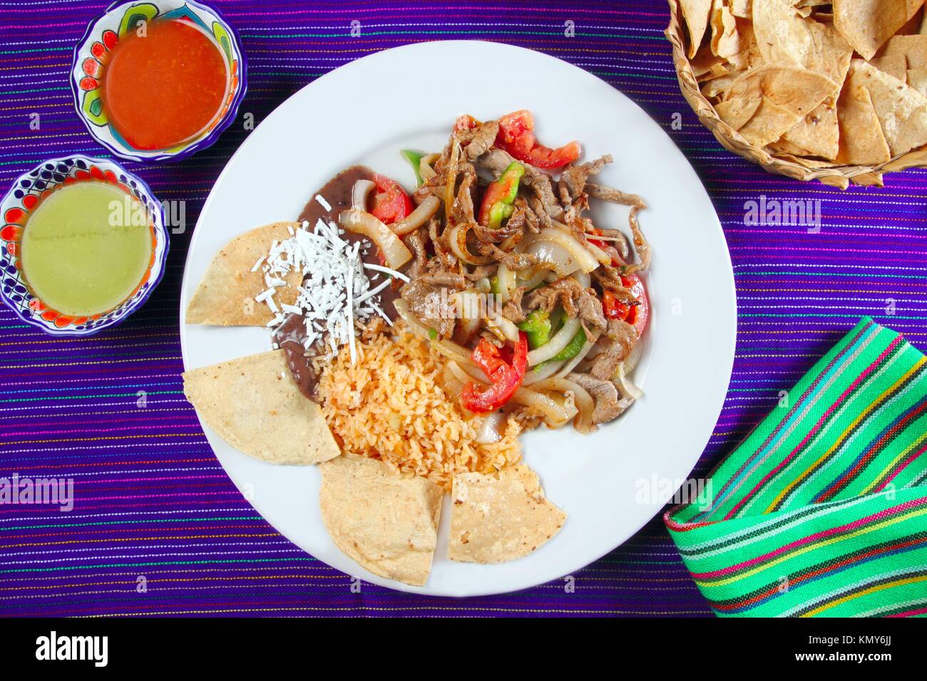 Fajitas de res beef fajita Mexican food nachos and chili sauce Stock
