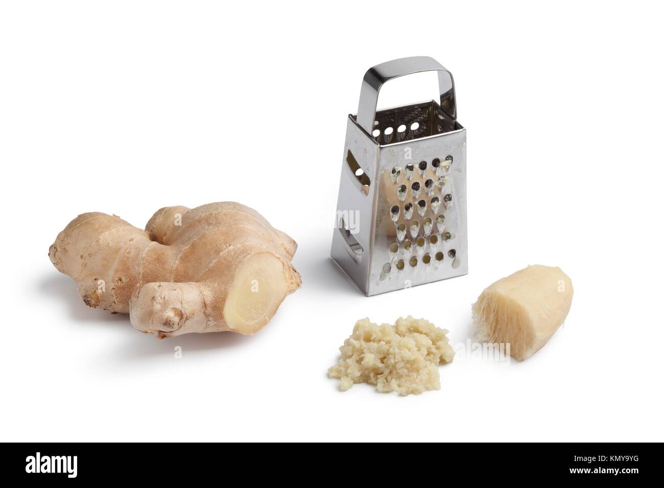 Fresh and grated ginger root on white background Stock Photo Alamy