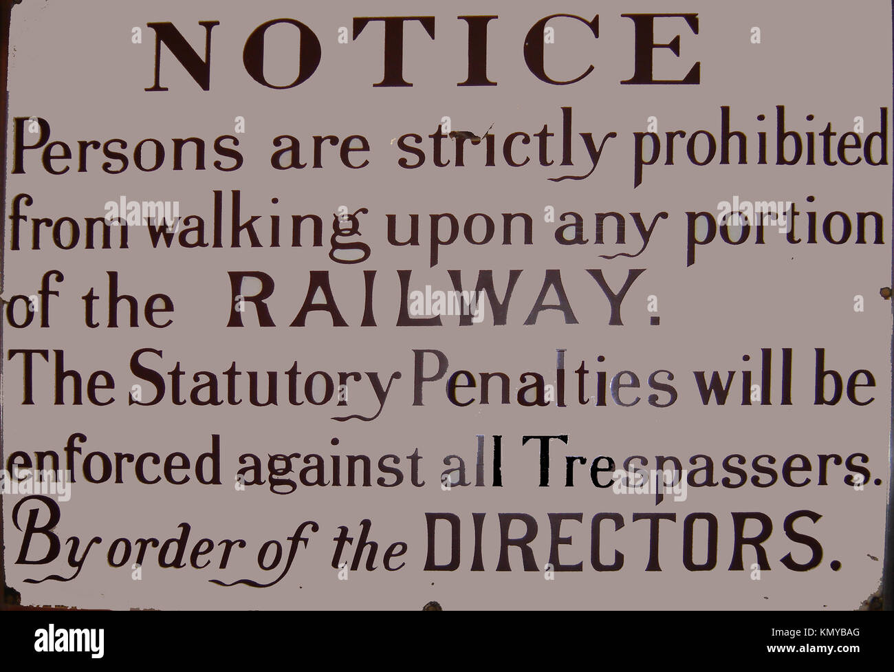 Old British railways sign warning against walking on railway lines  (Yorkshire region) Stock Photo