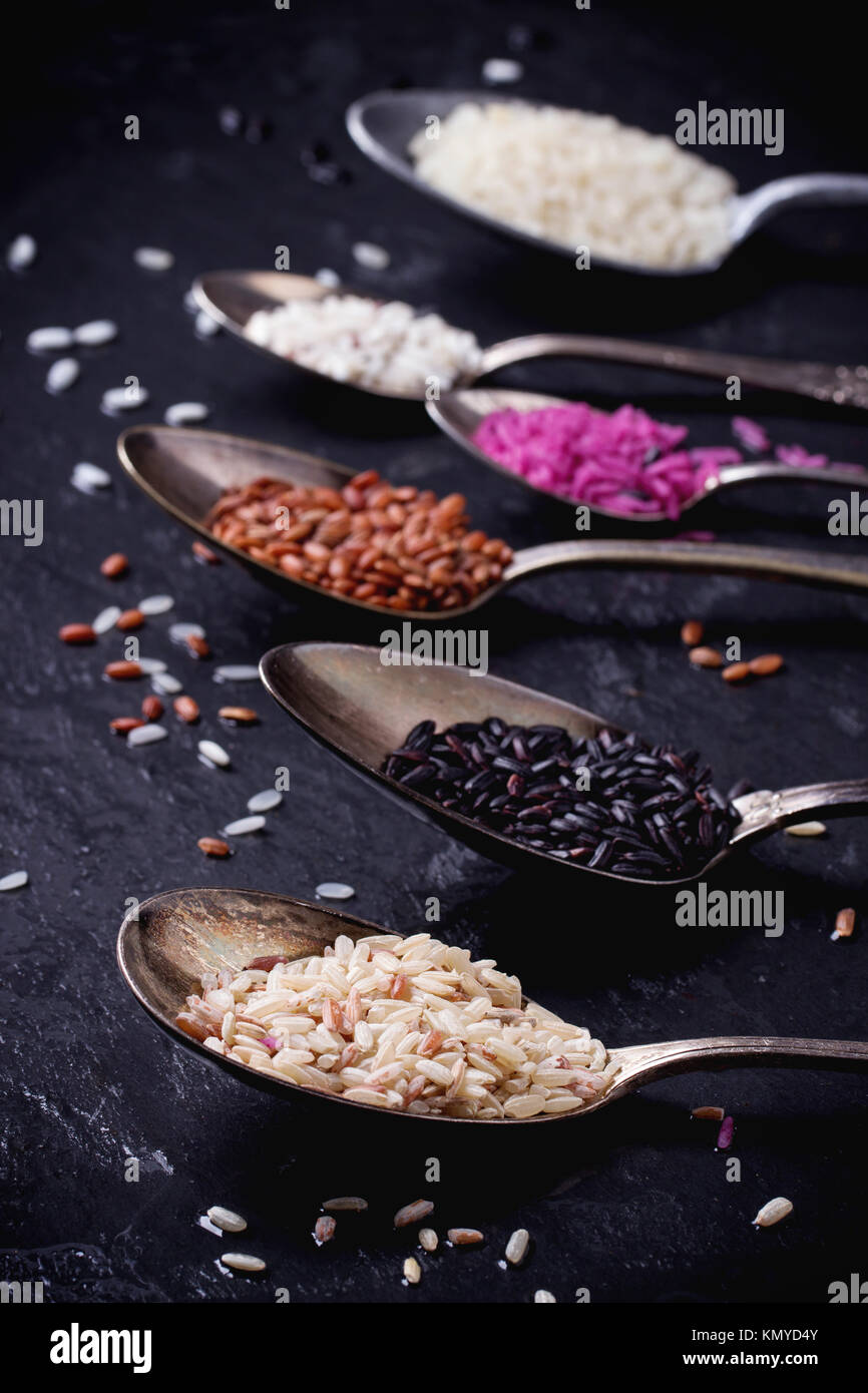 Rare Rice Set of unusual rice in vintage spoons over dark surface Stock Photo - Alamy