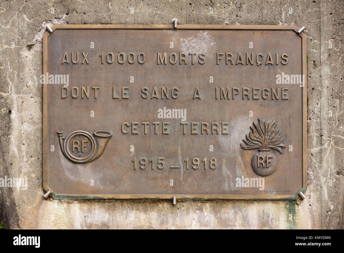A plaque dedicated to 'The 10,000 dead French soldiers whose blood impregnated this earth 1915-1918', at the memorial museum of the Linge, Alsace Stock Photo