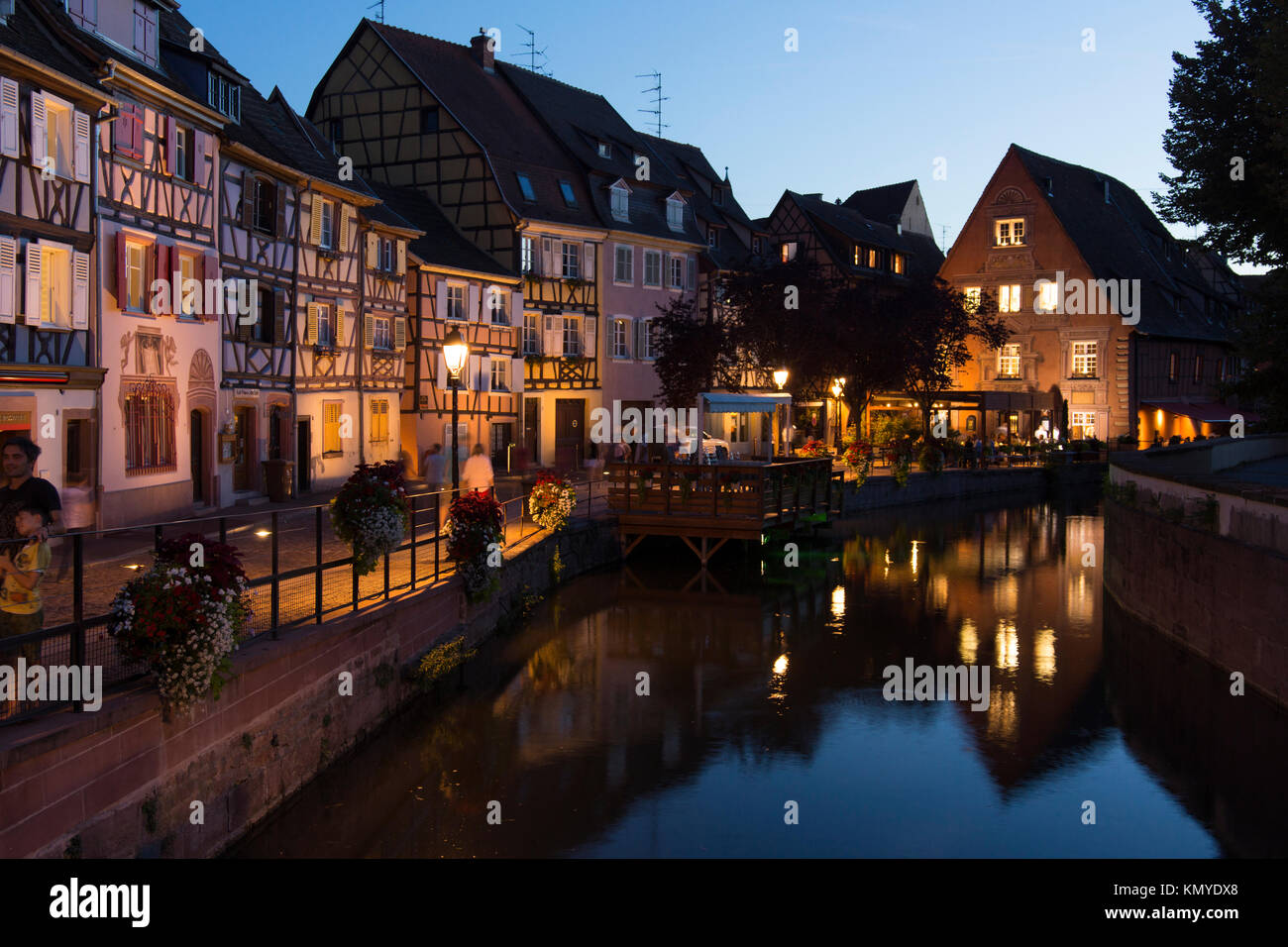 Picturesque maisons à colombages (half timbered houses) at dusk in the Petite Venice quarter of Colmar Stock Photo