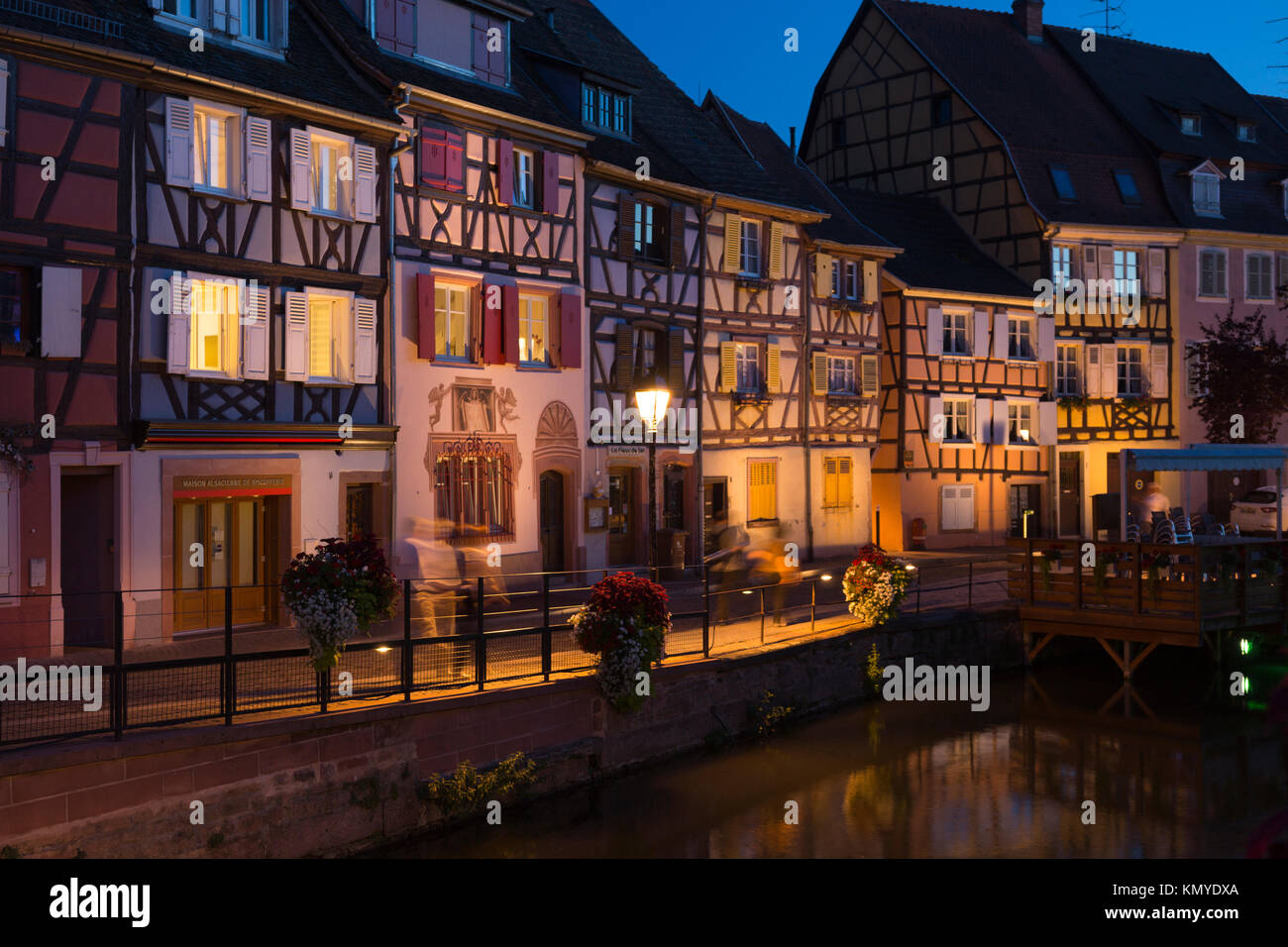 Picturesque maisons à colombages (half timbered houses) at dusk in the Petite Venice quarter of Colmar Stock Photo