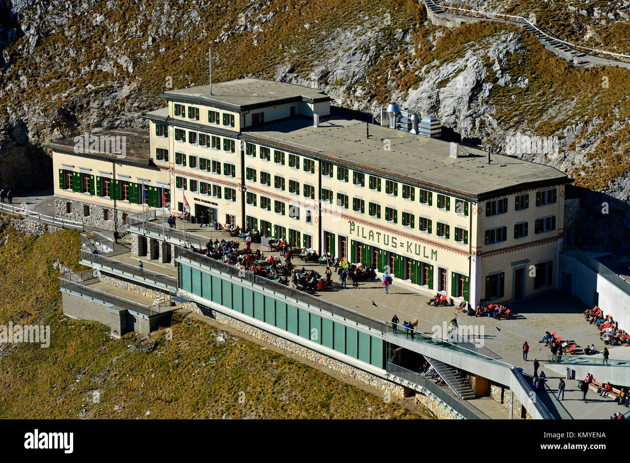 Historical mountain hotel Pilatus-Kulm, Pilatus massif, Alpnachstad ...