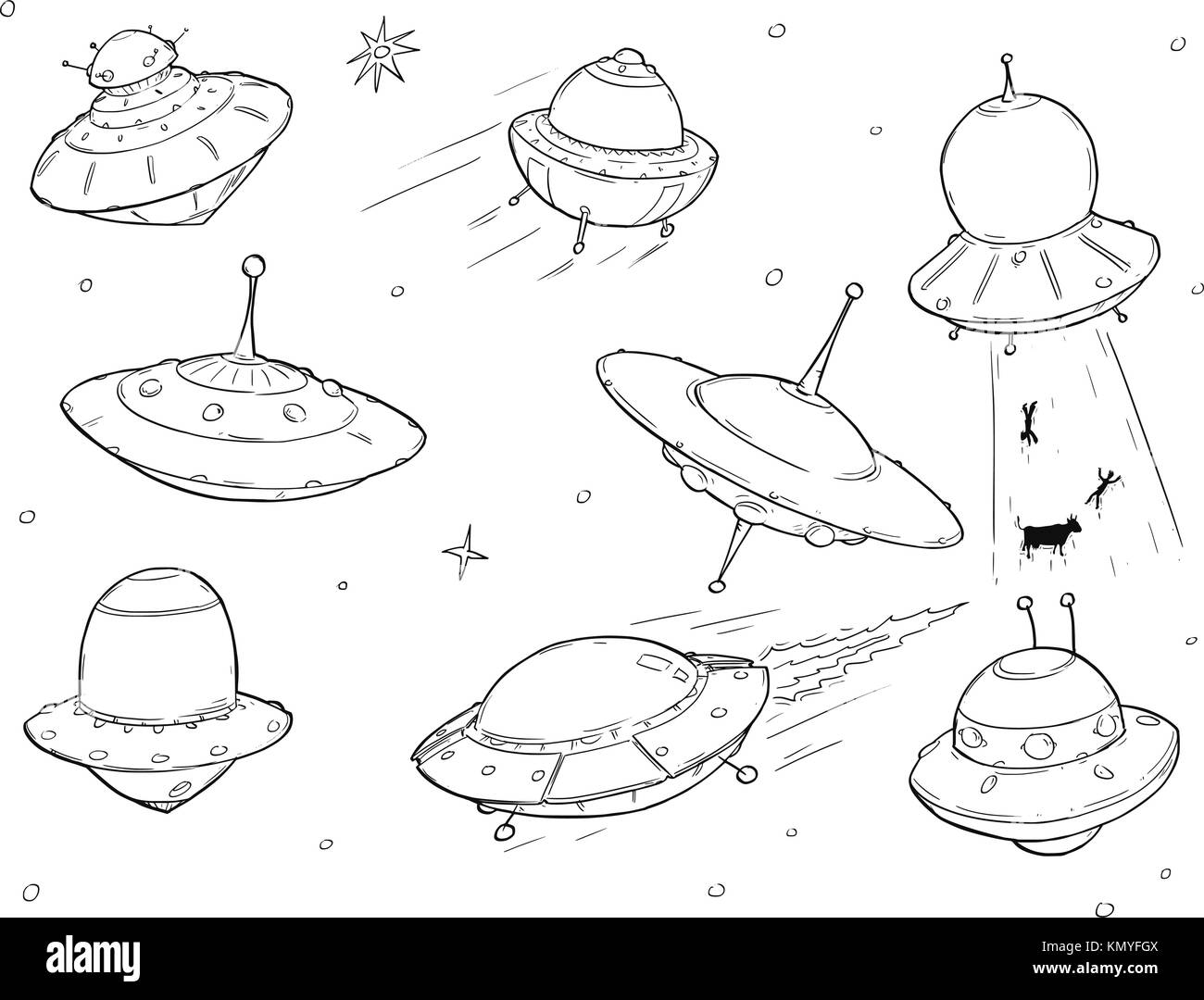 Set of cartoon vector doodle drawing of ufo alien space ships. Stock Vector