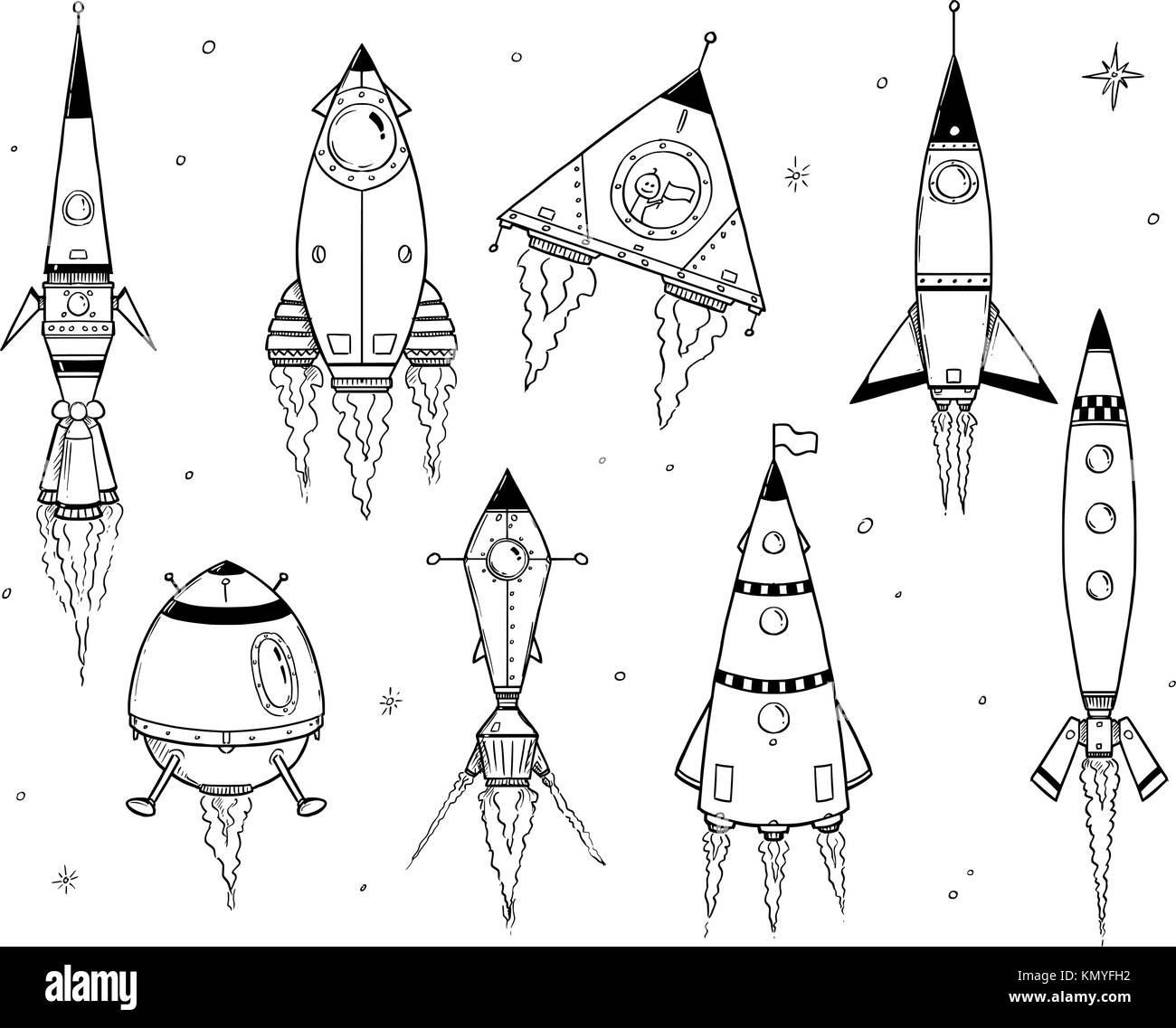 Set of cartoon vector doodle drawing of space ships spacecrafts rockets. Stock Vector