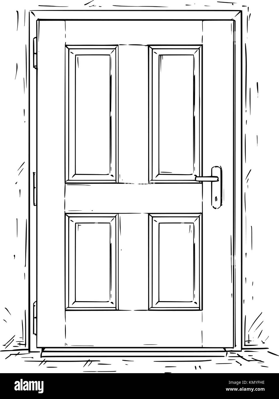 Cartoon vector doodle drawing illustration of closed wooden decision door. Stock Vector