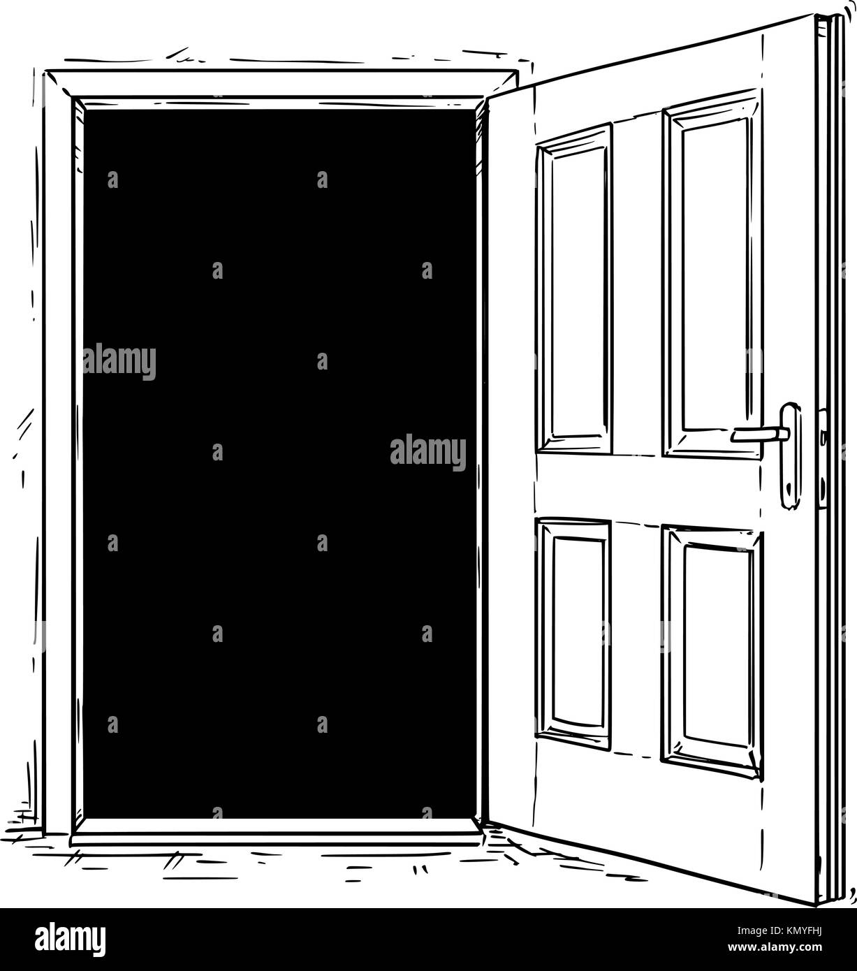 Cartoon vector doodle drawing illustration of open wooden decision door. Stock Vector