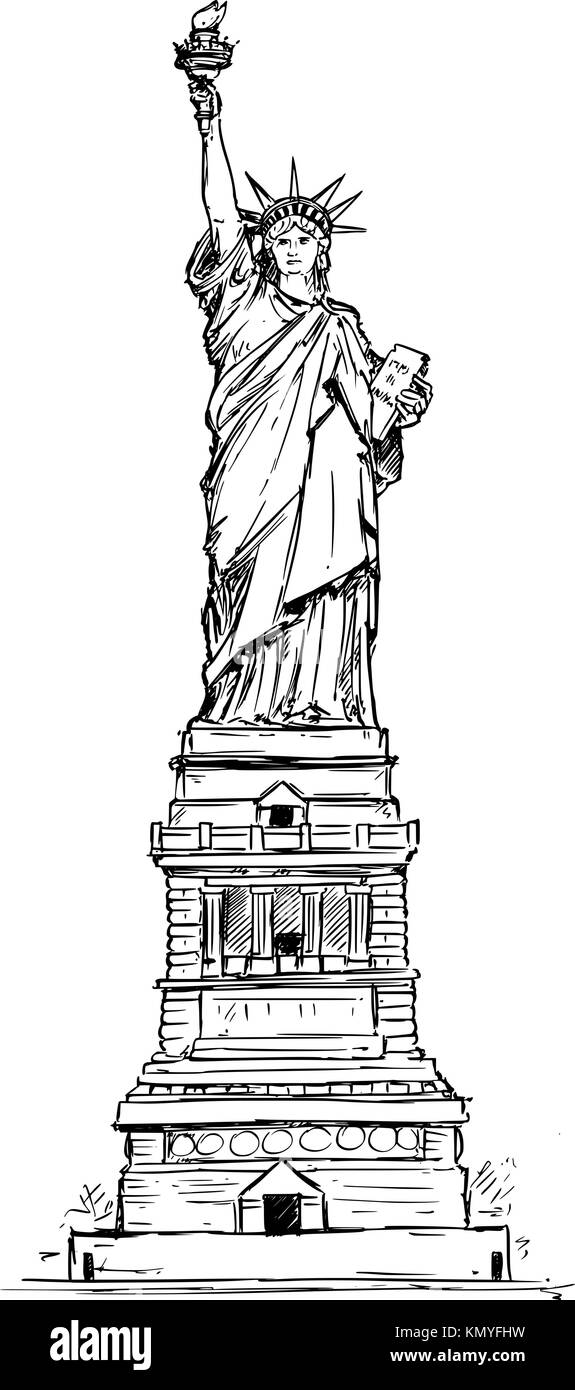 Cartoon vector architectural drawing sketch illustration of United States New York Statue of Liberty. Stock Vector
