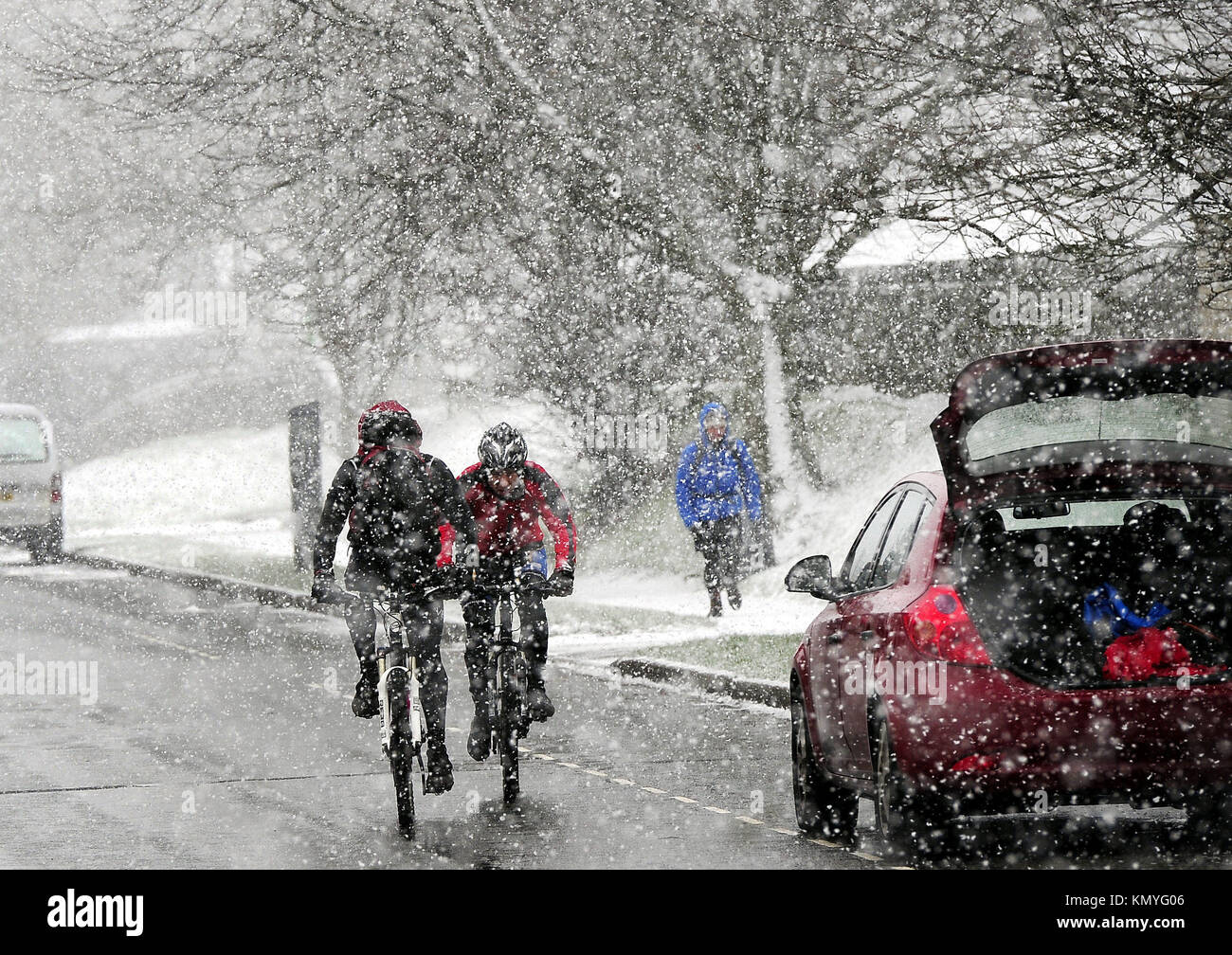 Snow falling near Castleton in the Peak District, as widespread disruption is expected as snow continues to fall across large parts of the UK, with forecasters warning some communities could be cut off as temperatures plummet. Stock Photo