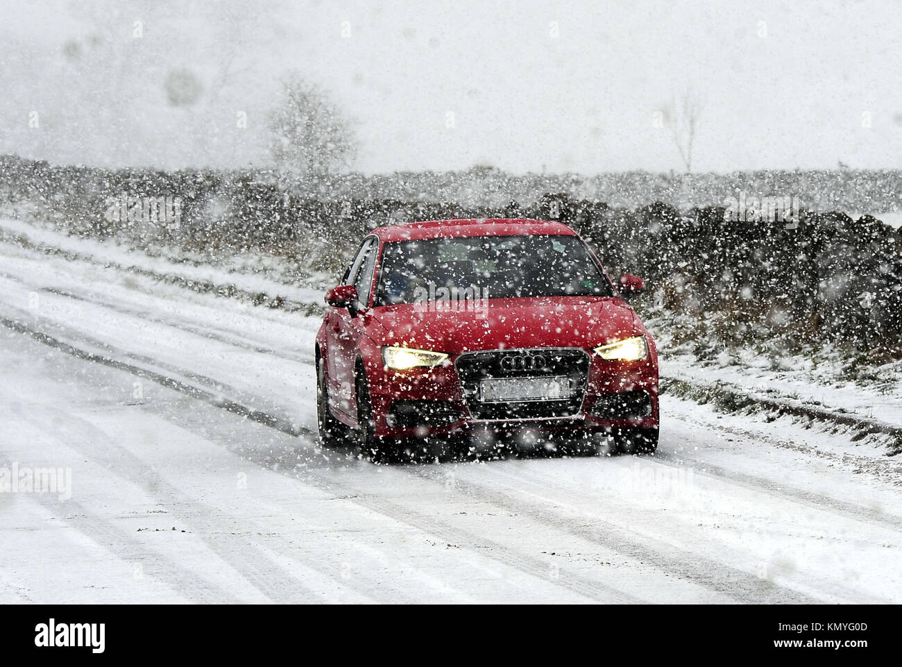 Snow falling near Castleton in the Peak District, as widespread disruption is expected as snow continues to fall across large parts of the UK, with forecasters warning some communities could be cut off as temperatures plummet. Stock Photo