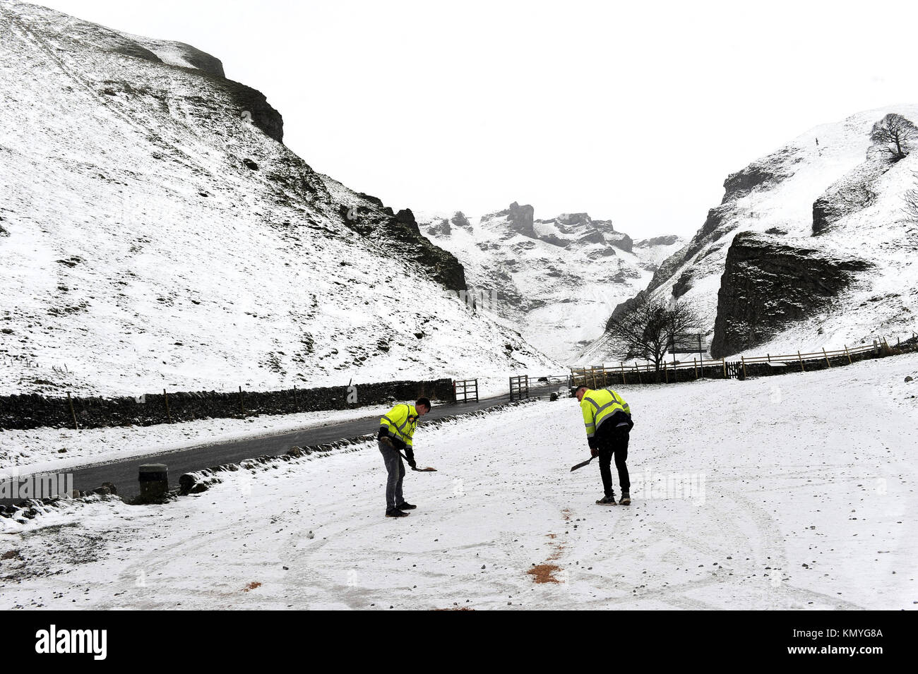 Car parks are gritted at Winnats Pass in the Peak District, as widespread disruption is expected as snow continues to fall across large parts of the UK, with forecasters warning some communities could be cut off as temperatures plummet. Stock Photo