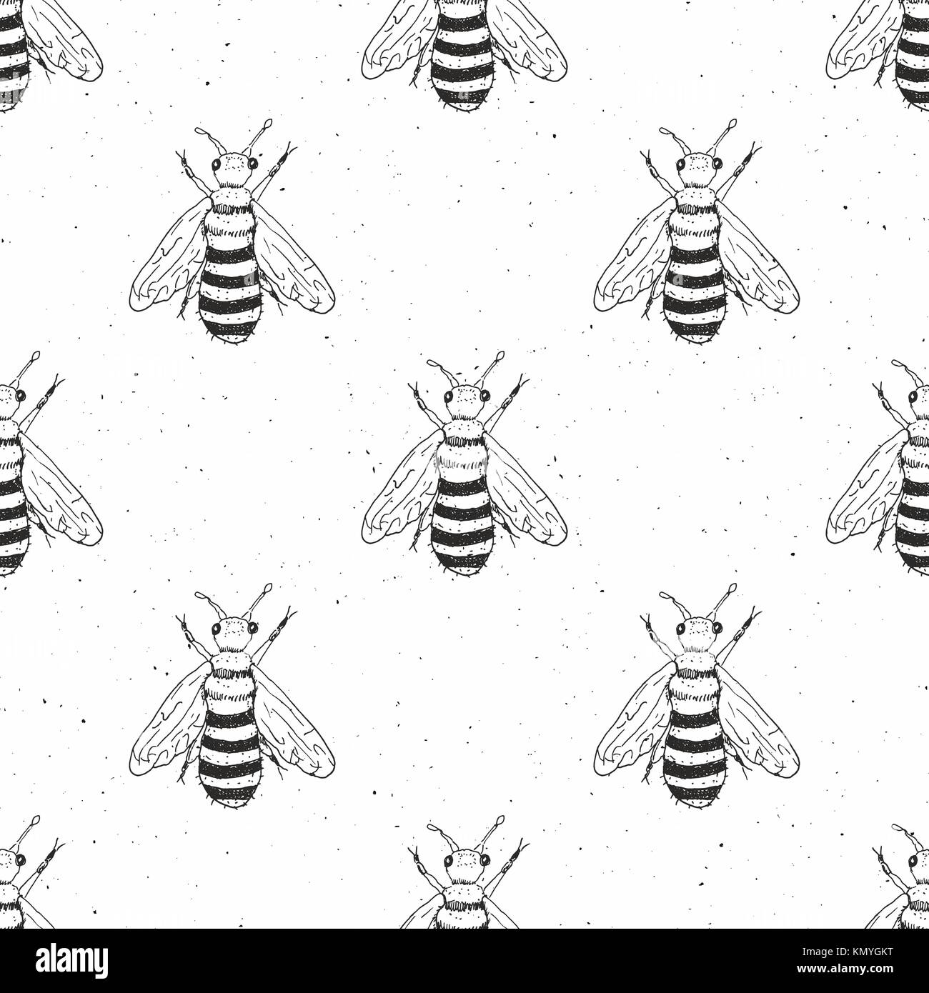 Bee hand drawn seamless pattern, monochrome background vector ...