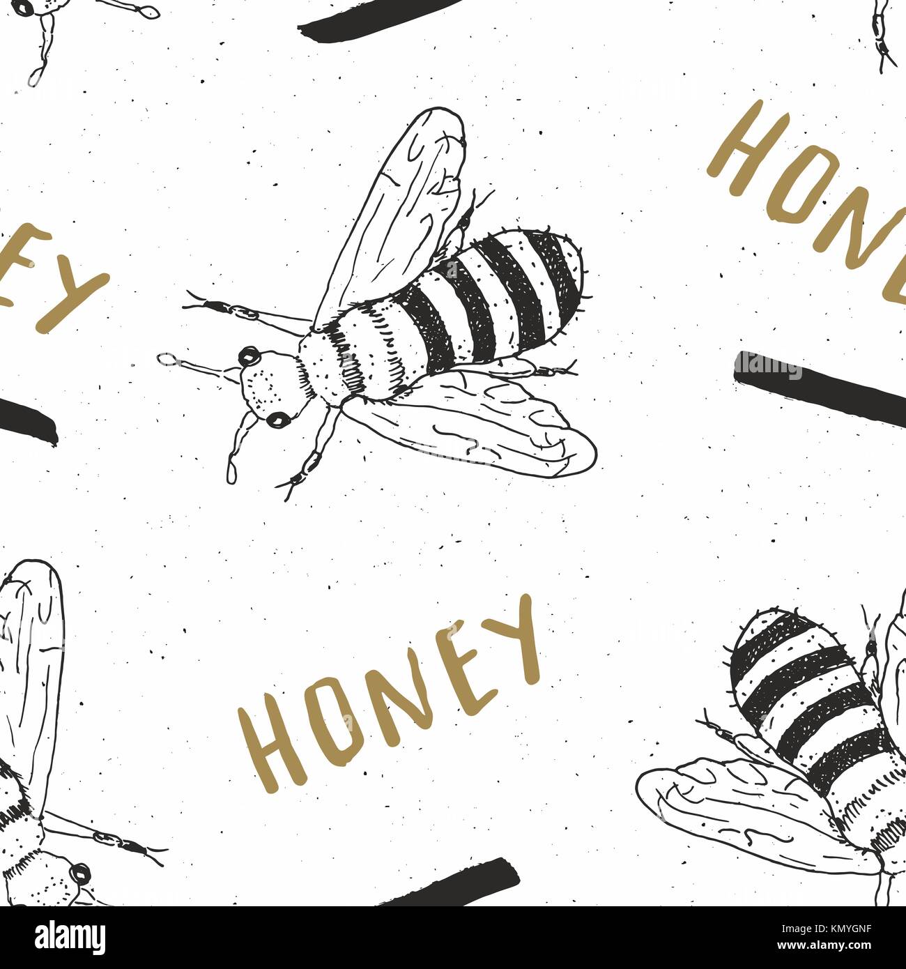 Bee hand drawn seamless pattern, with word honey vector illustration ...