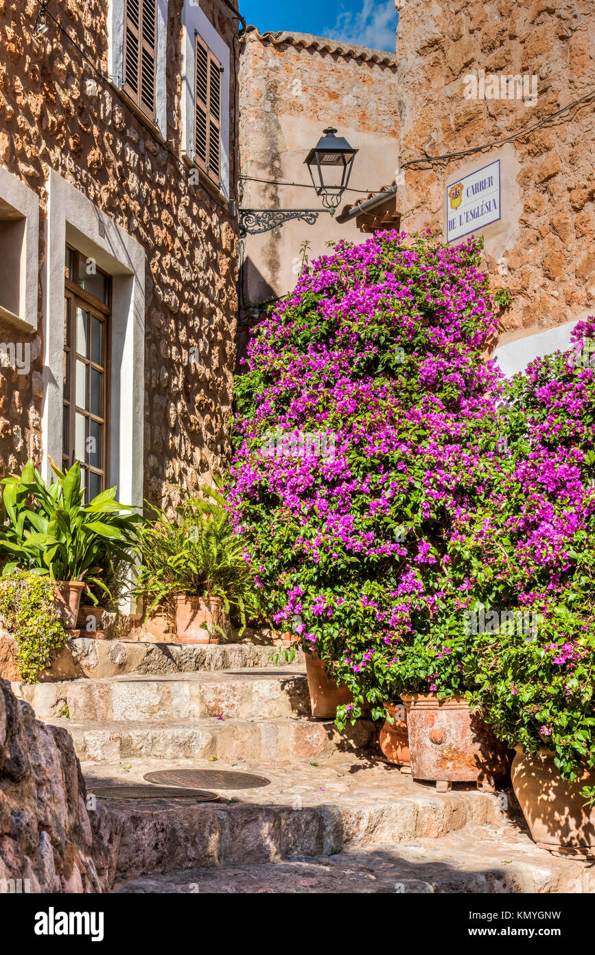 Picturesque street in the mountain village of Fornalutx, Majorca, Balearic Islands, Spain Stock Photo