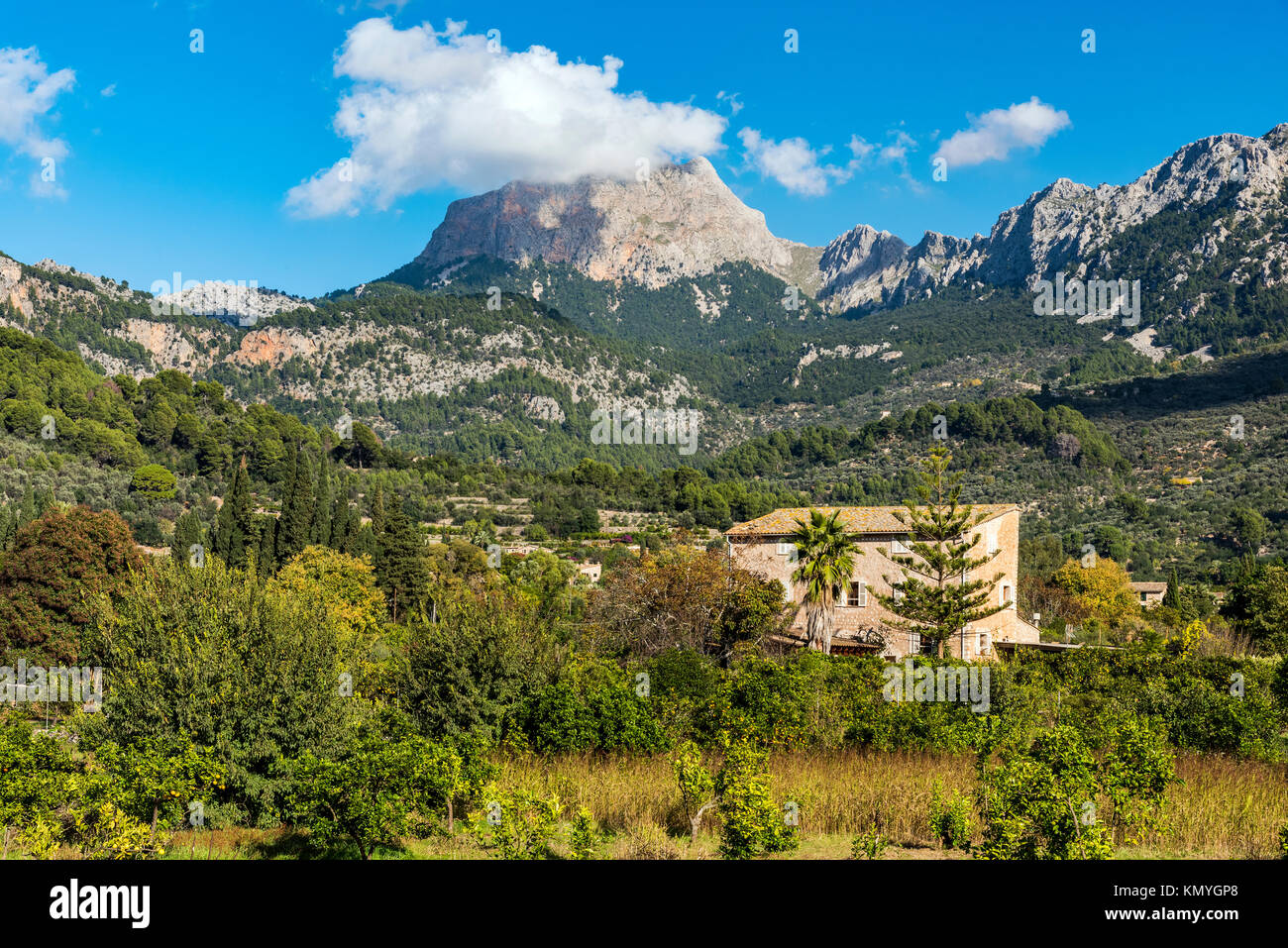 Mount Puig Major, the highest peak on Majorca, located in the Serra de Tramuntana mountain range, Fornalutx, Majorca, Balearic Islands, Spain Stock Photo