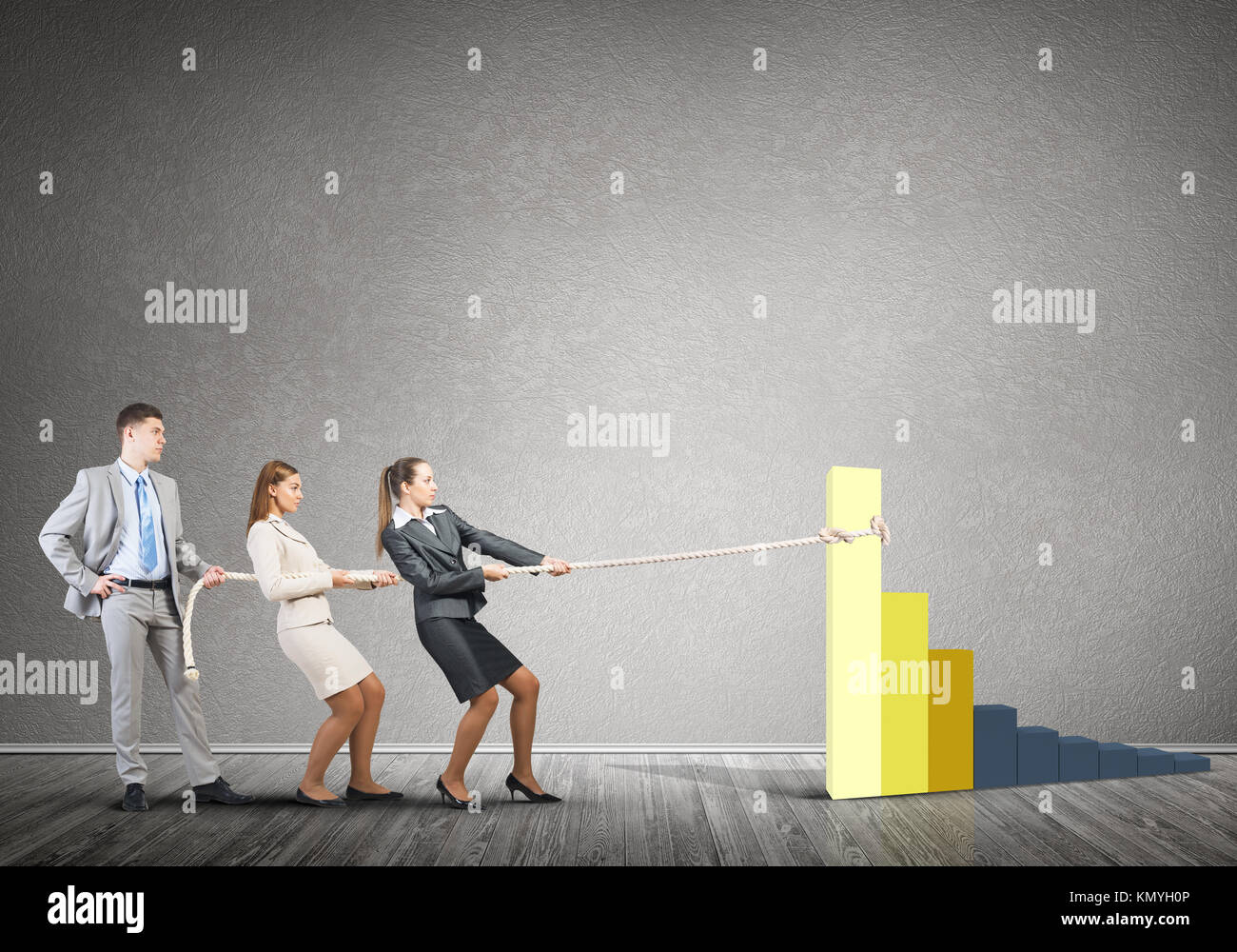 Businessteam working in collaboration pulling graph with rope as symbol ...