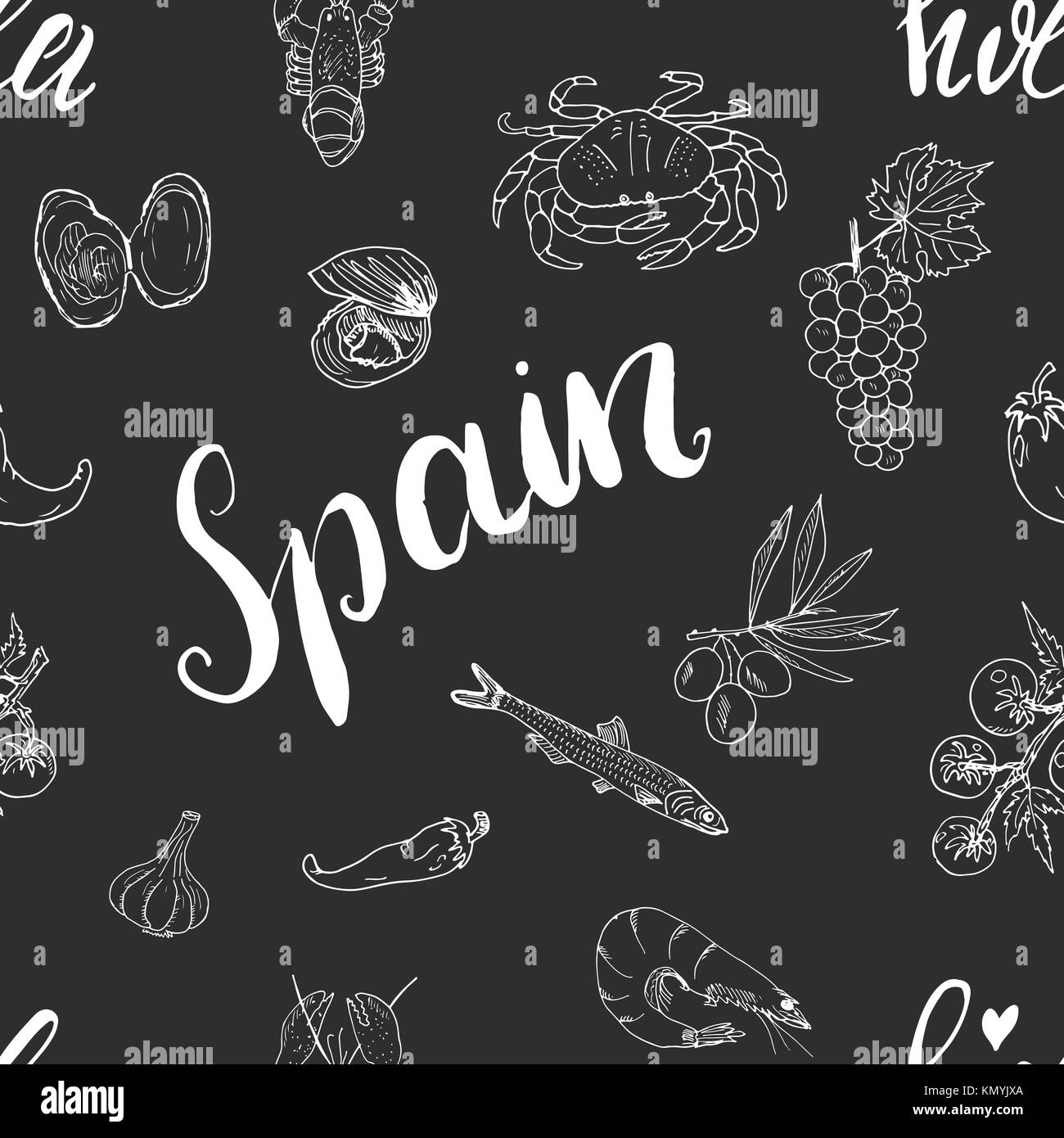 Spain seamless pattern doodle elements, Hand drawn sketch spanish food
