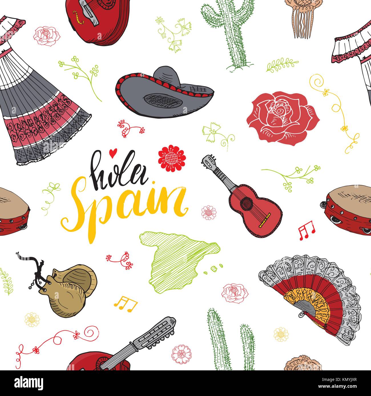 Spain seamless pattern doodle elements, Hand drawn sketch spanish Stock